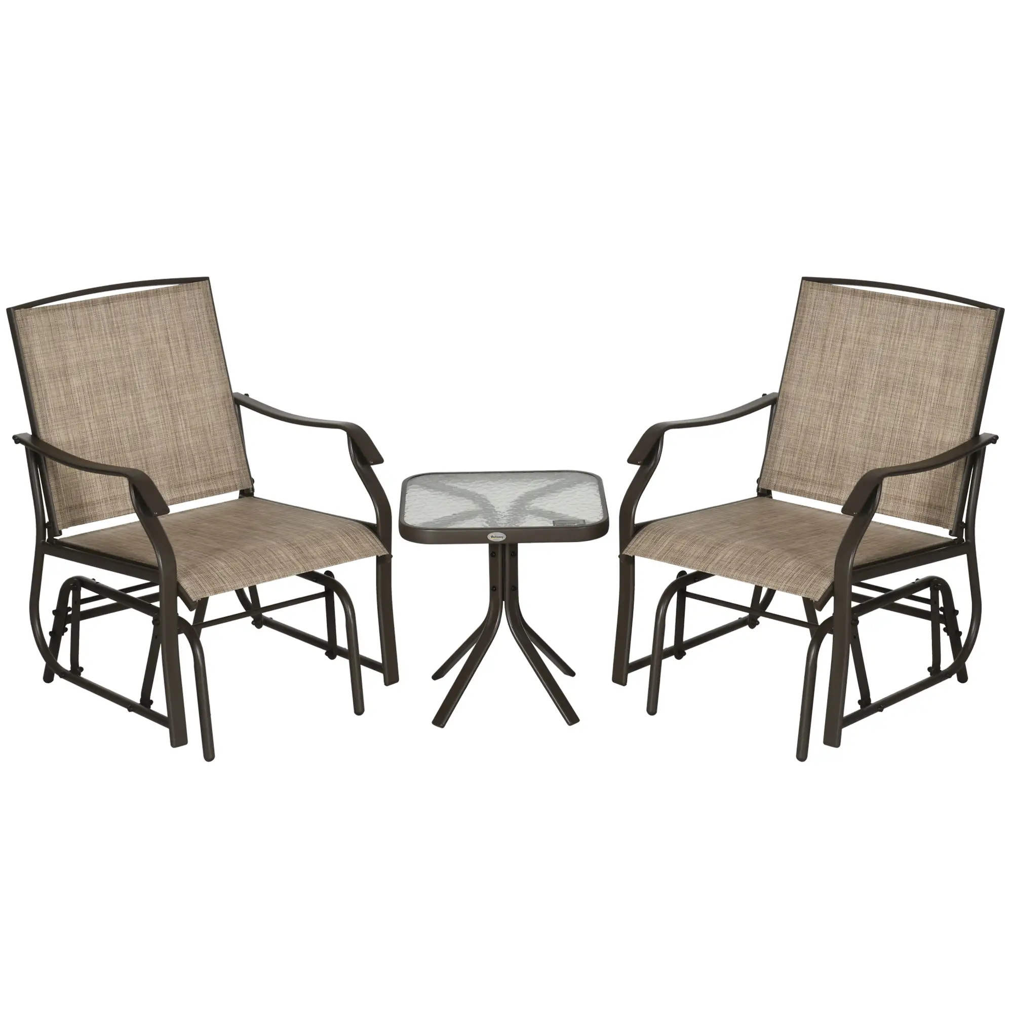 3 Piece Patio Glider Set, Outdoor Gliders, Mesh Seat, Glass Table, Mixed Brown, Brown