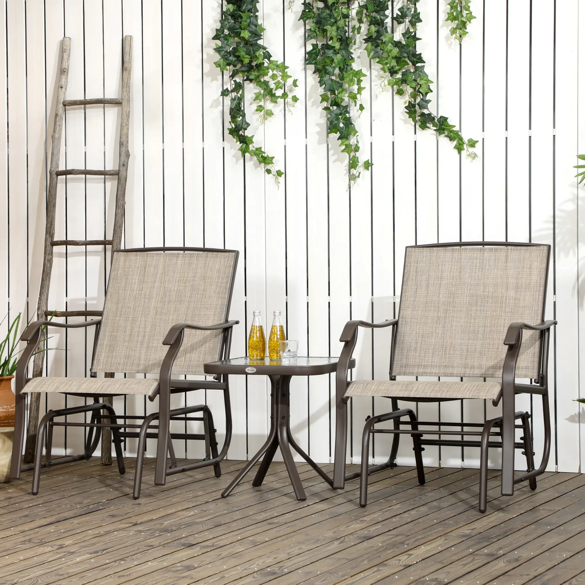 3 Piece Patio Glider Set, Outdoor Gliders, Mesh Seat, Glass Table, Mixed Brown, Brown - Image 2