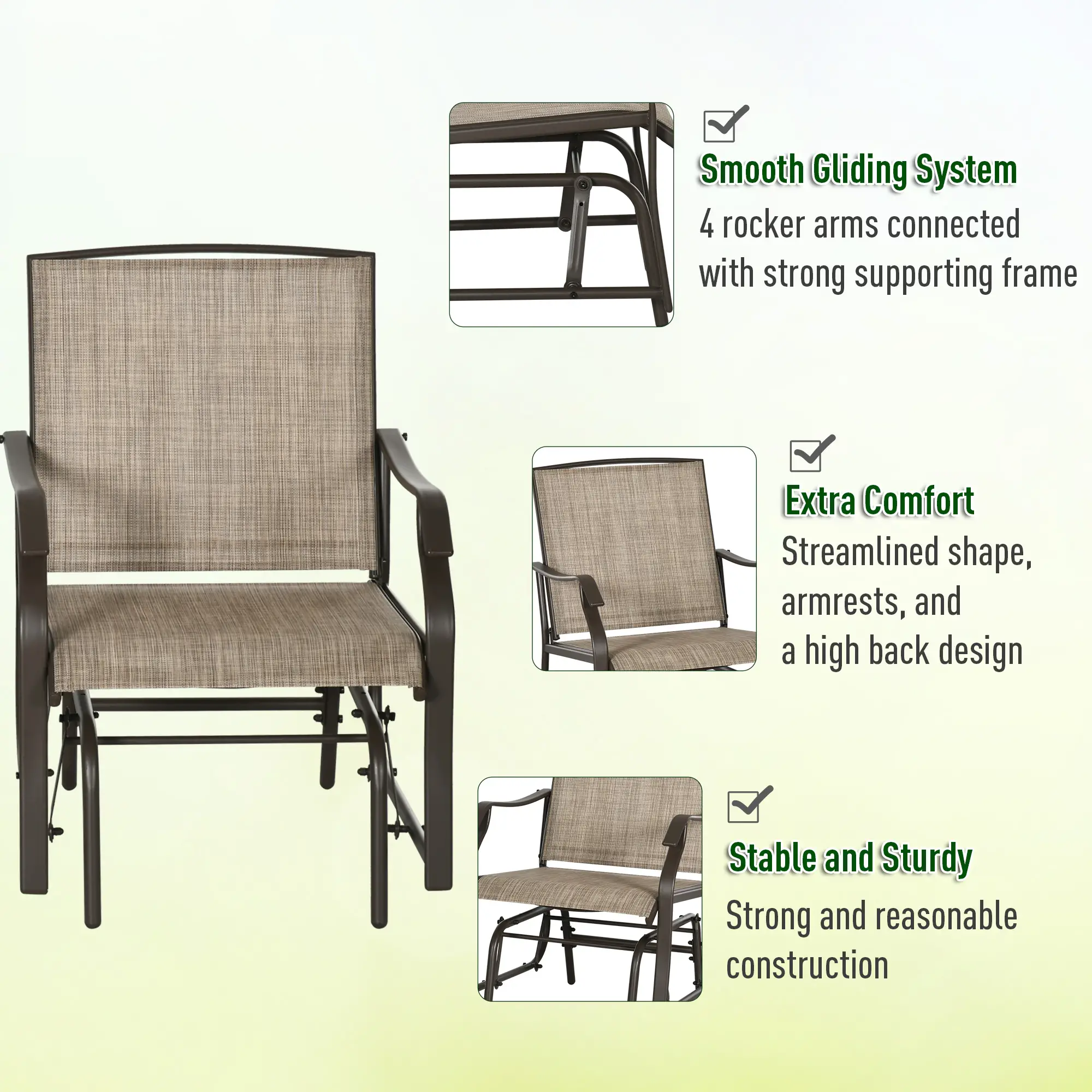 3 Piece Patio Glider Set, Outdoor Gliders, Mesh Seat, Glass Table, Mixed Brown, Brown - Image 5