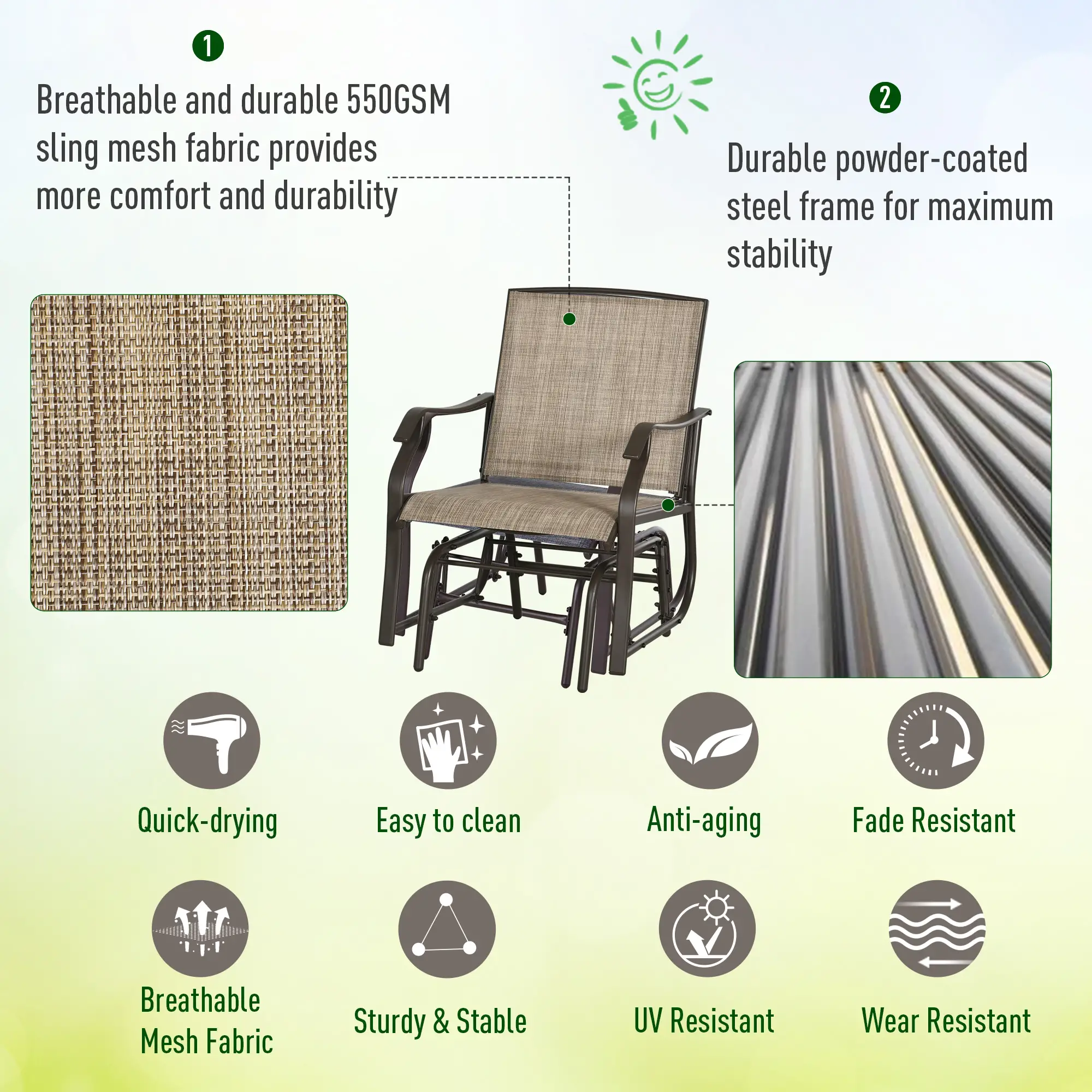 3 Piece Patio Glider Set, Outdoor Gliders, Mesh Seat, Glass Table, Mixed Brown, Brown - Image 7