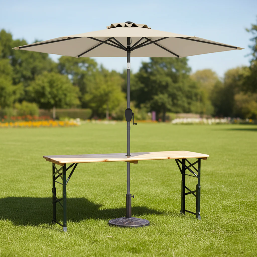 3-Piece Patio Picnic Table Set, Adjustable Wooden Table, Umbrella With Base - Image 3
