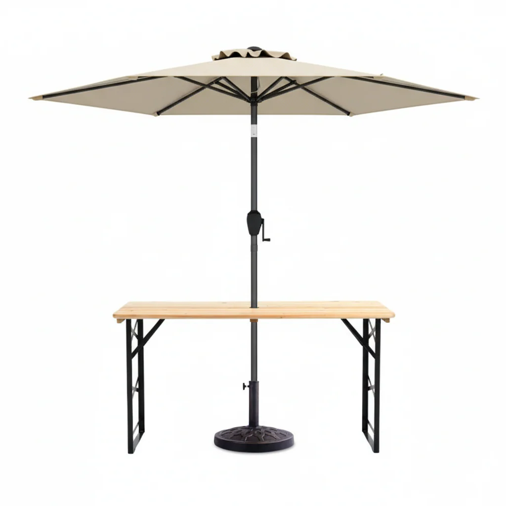 3-Piece Patio Picnic Table Set, Adjustable Wooden Table, Umbrella With Base - Image 4