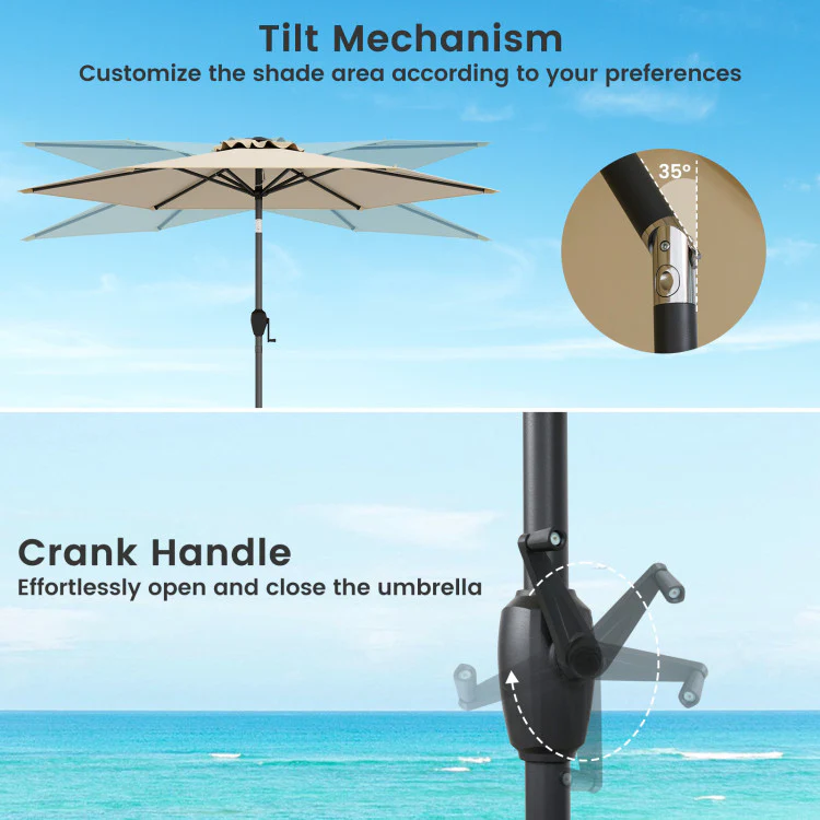3-Piece Patio Picnic Table Set, Adjustable Wooden Table, Umbrella With Base - Image 9