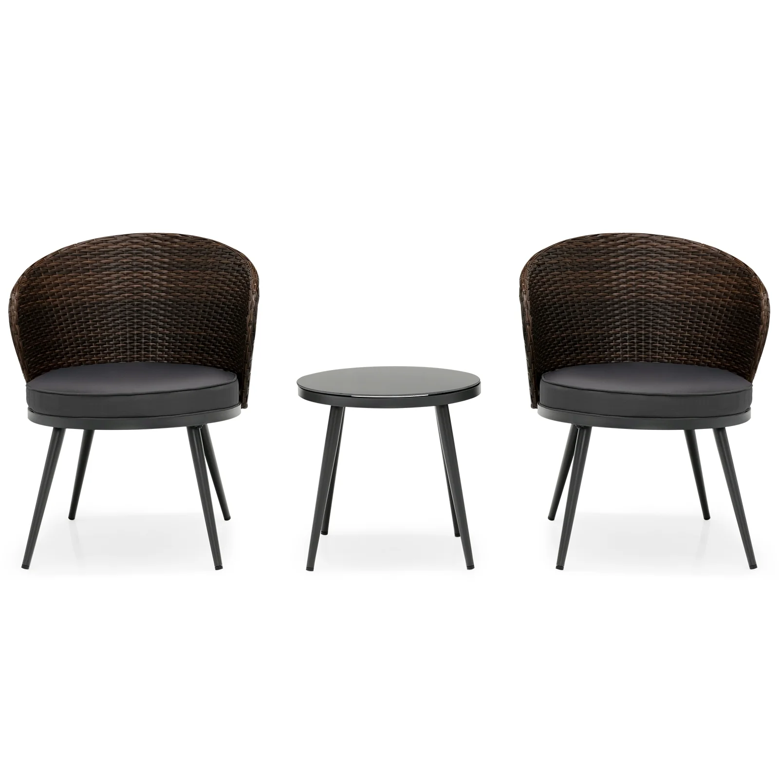 3 Piece Patio Rattan Bistro Set, 2 Seat Cushions, Tempered Glass Tabletop, Brown