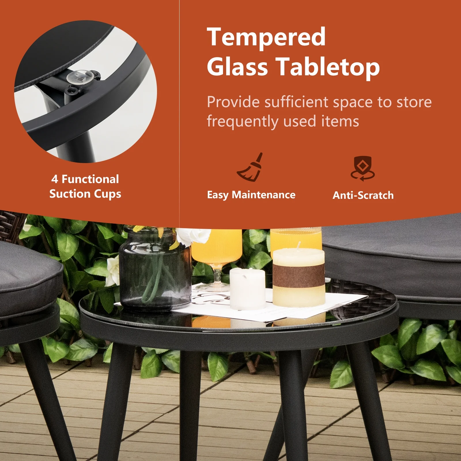 3 Piece Patio Rattan Bistro Set, 2 Seat Cushions, Tempered Glass Tabletop, Brown - Image 10