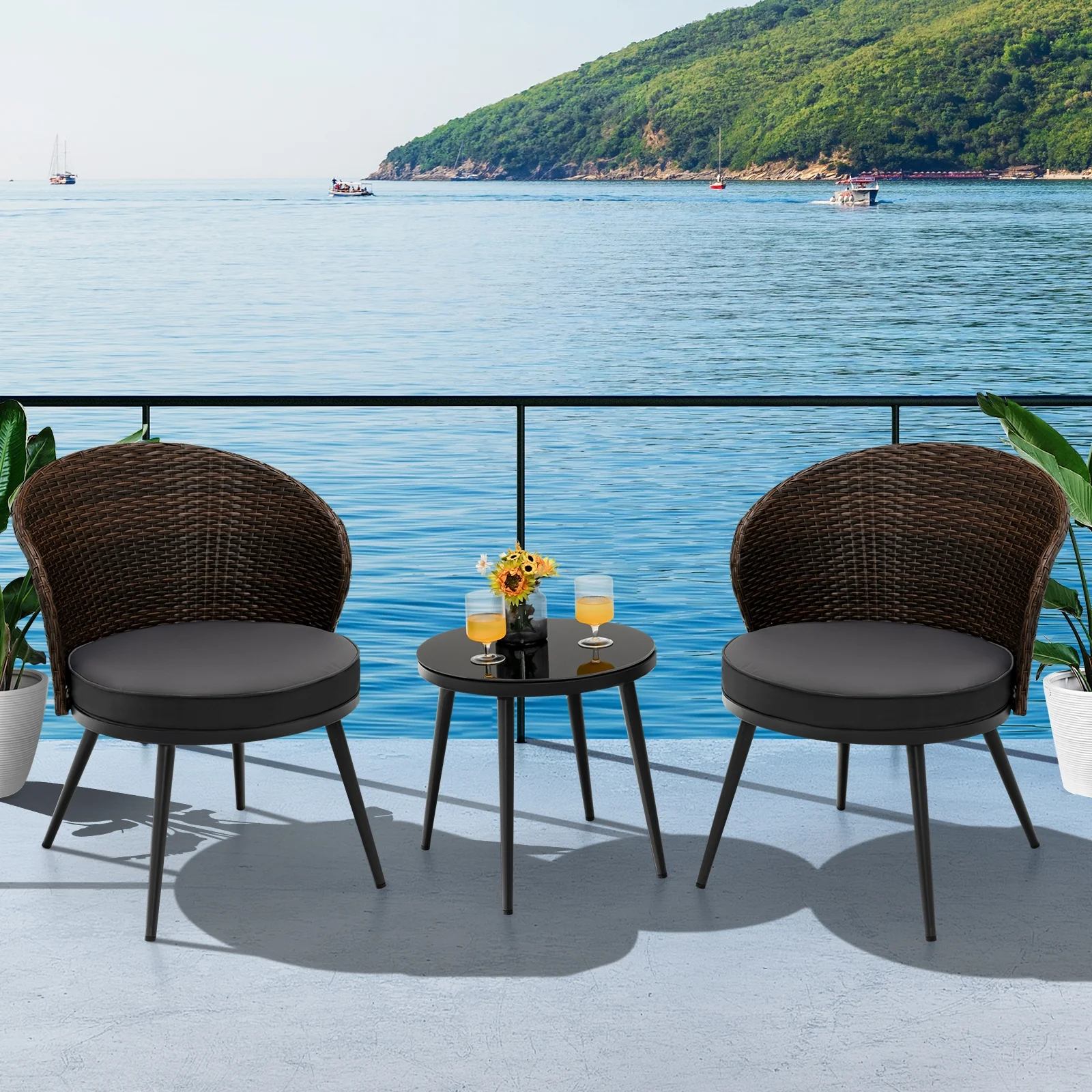 3 Piece Patio Rattan Bistro Set, 2 Seat Cushions, Tempered Glass Tabletop, Brown - Image 2