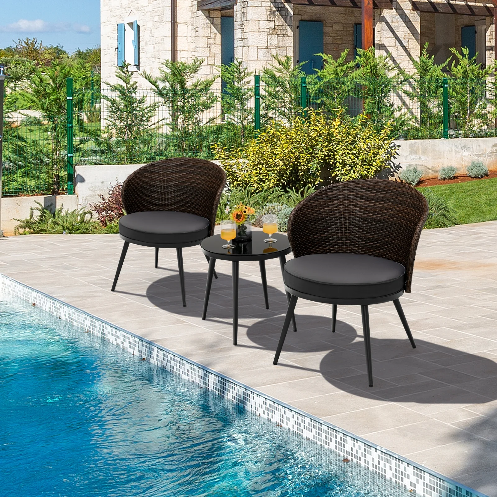 3 Piece Patio Rattan Bistro Set, 2 Seat Cushions, Tempered Glass Tabletop, Brown - Image 3