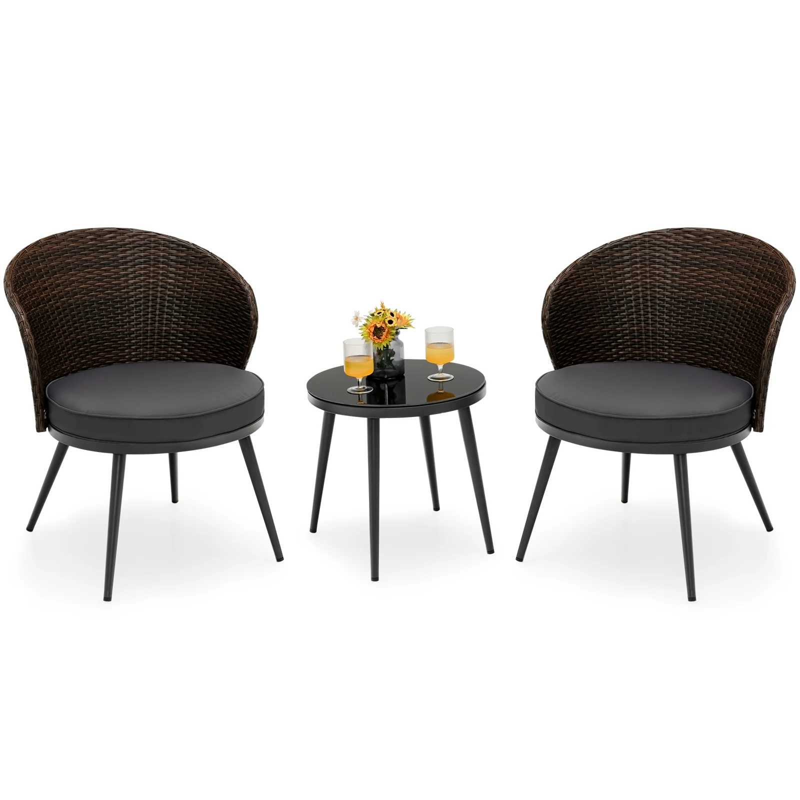 3 Piece Patio Rattan Bistro Set, 2 Seat Cushions, Tempered Glass Tabletop, Brown - Image 5