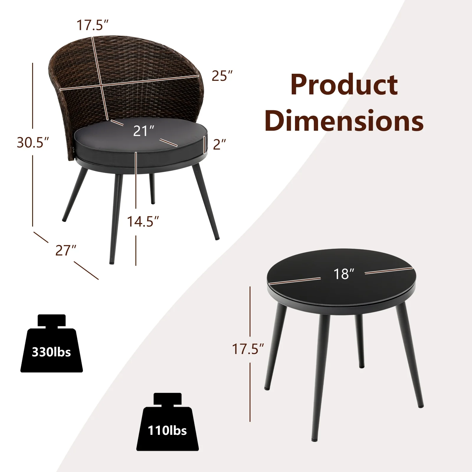 3 Piece Patio Rattan Bistro Set, 2 Seat Cushions, Tempered Glass Tabletop, Brown - Image 6