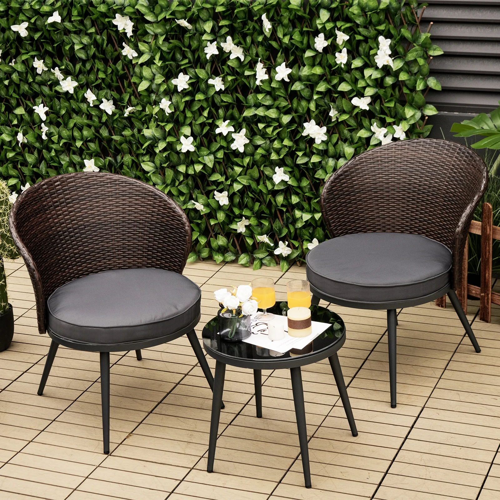 3 Piece Patio Rattan Bistro Set, 2 Seat Cushions, Tempered Glass Tabletop, Brown - Image 7