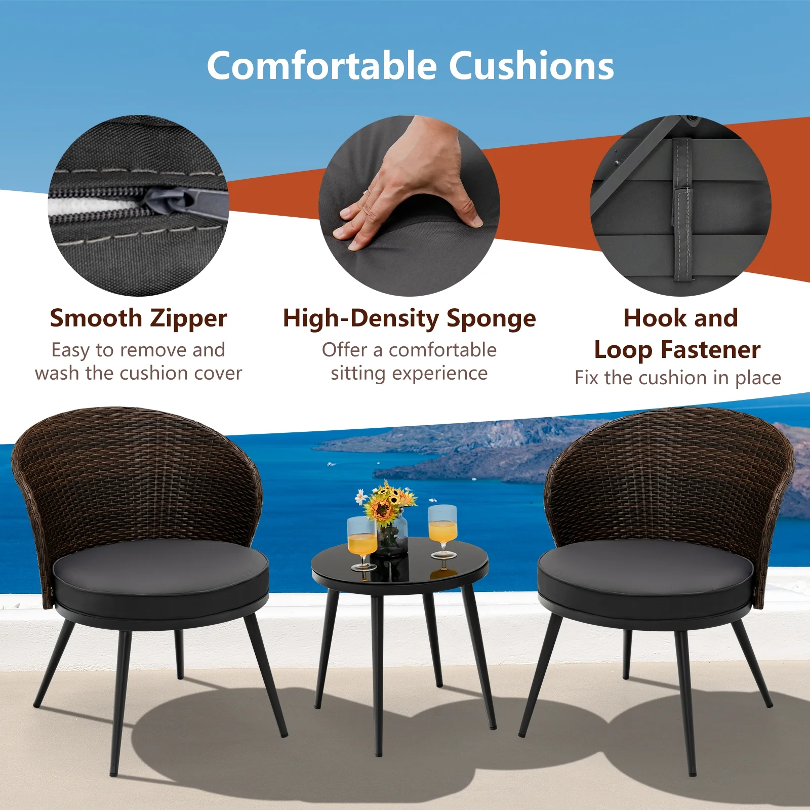 3 Piece Patio Rattan Bistro Set, 2 Seat Cushions, Tempered Glass Tabletop, Brown - Image 8