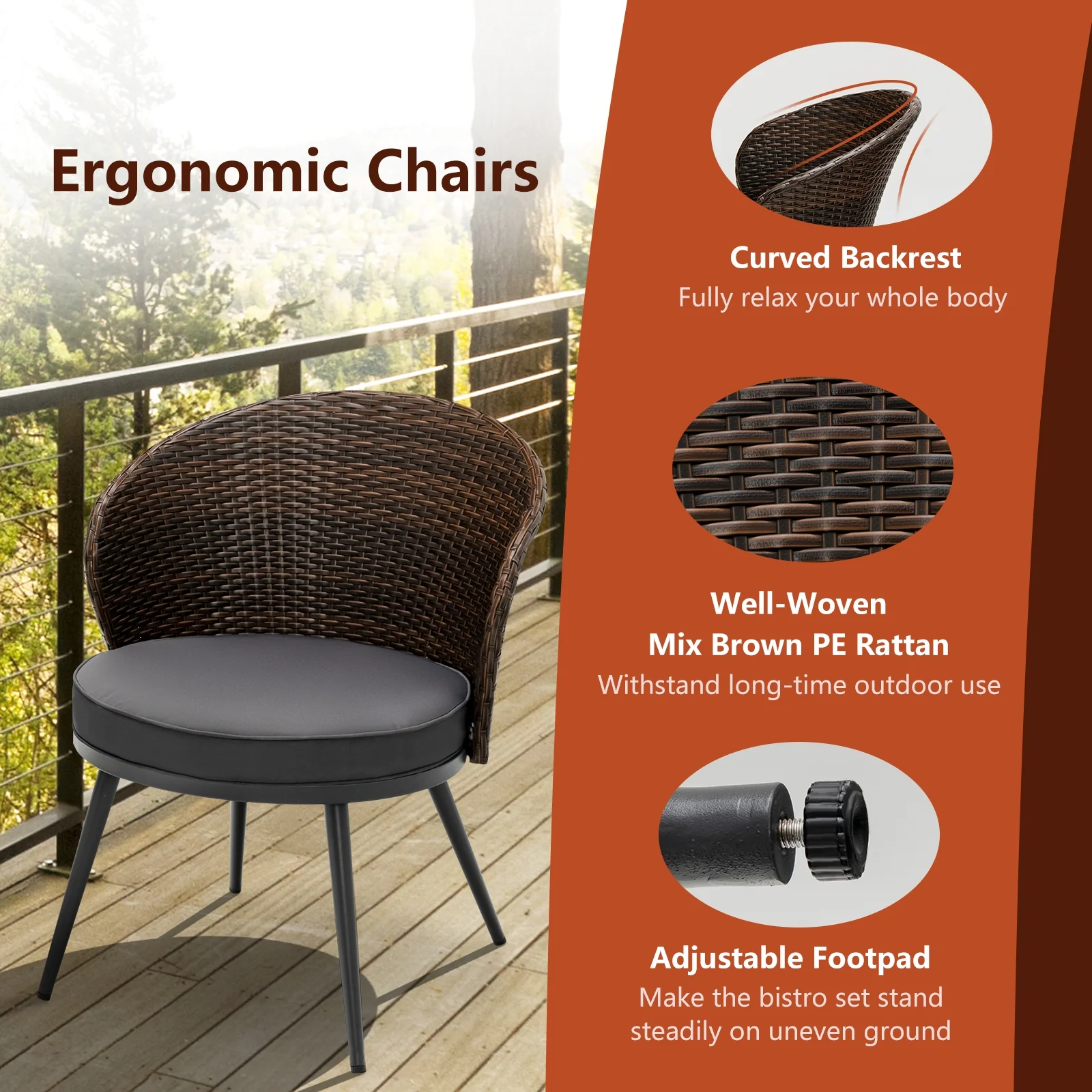 3 Piece Patio Rattan Bistro Set, 2 Seat Cushions, Tempered Glass Tabletop, Brown - Image 9