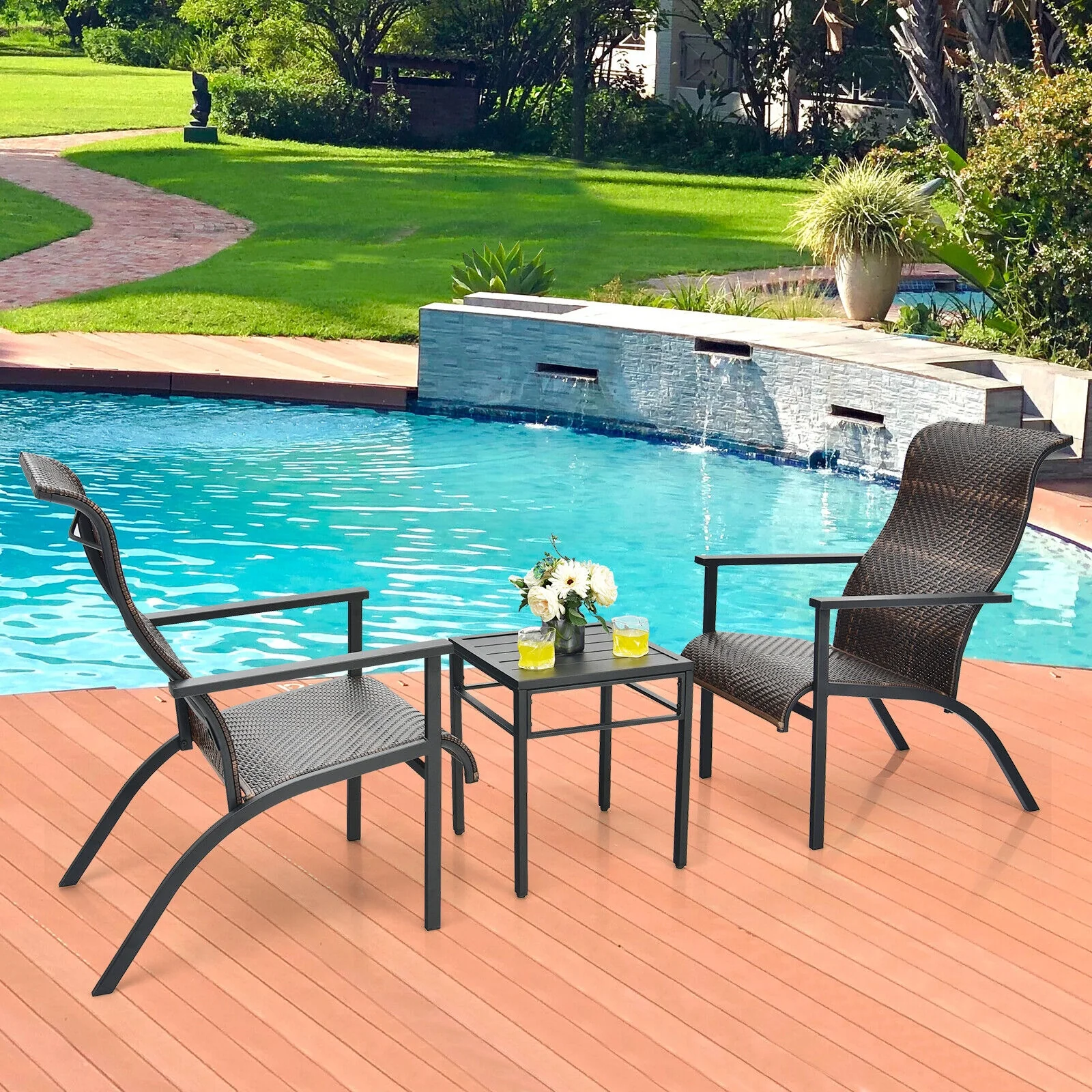 3-Piece Patio Rattan Bistro Set, Brown - Image 8