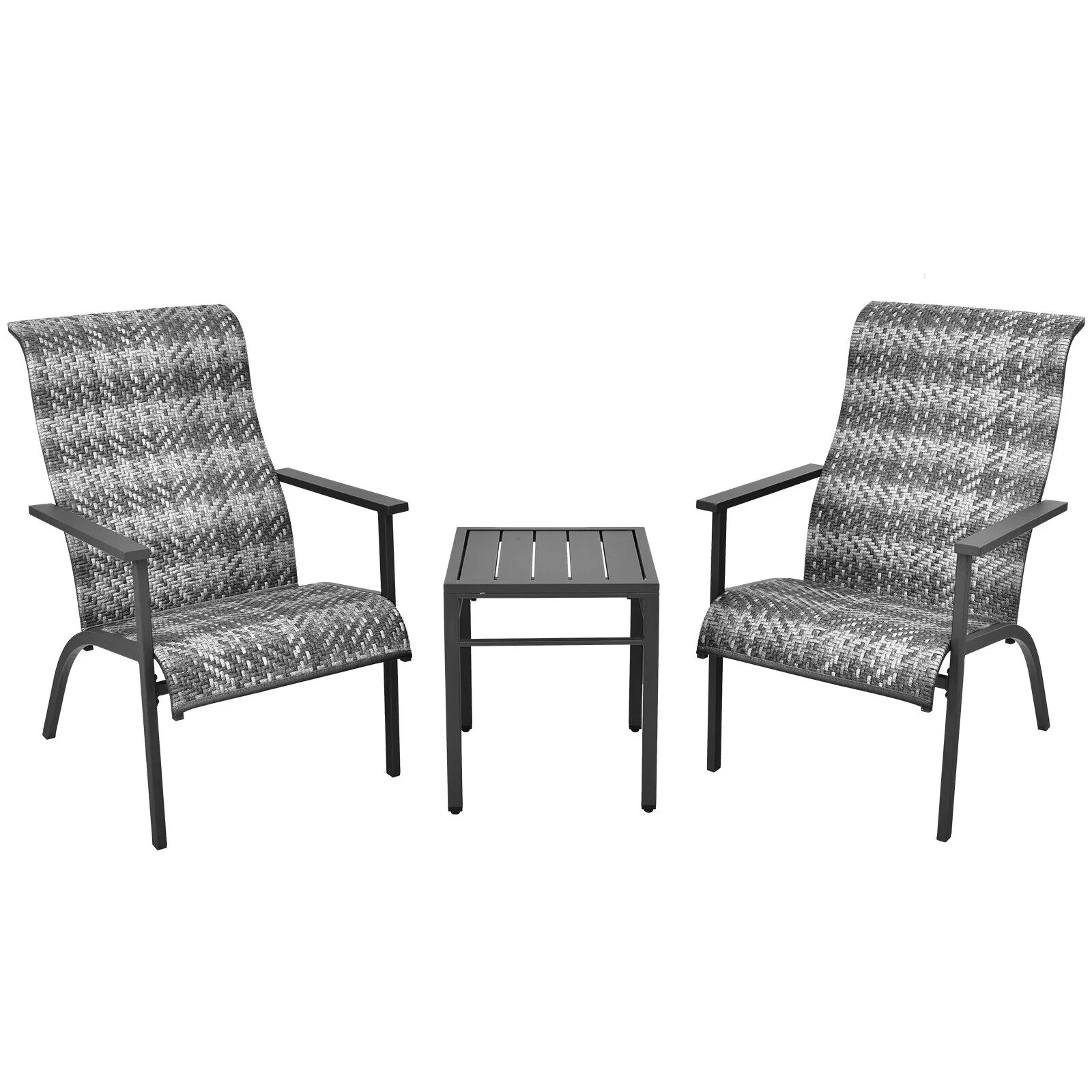 3 Piece Patio Rattan Bistro Set, High Backrest Armrest, Gray