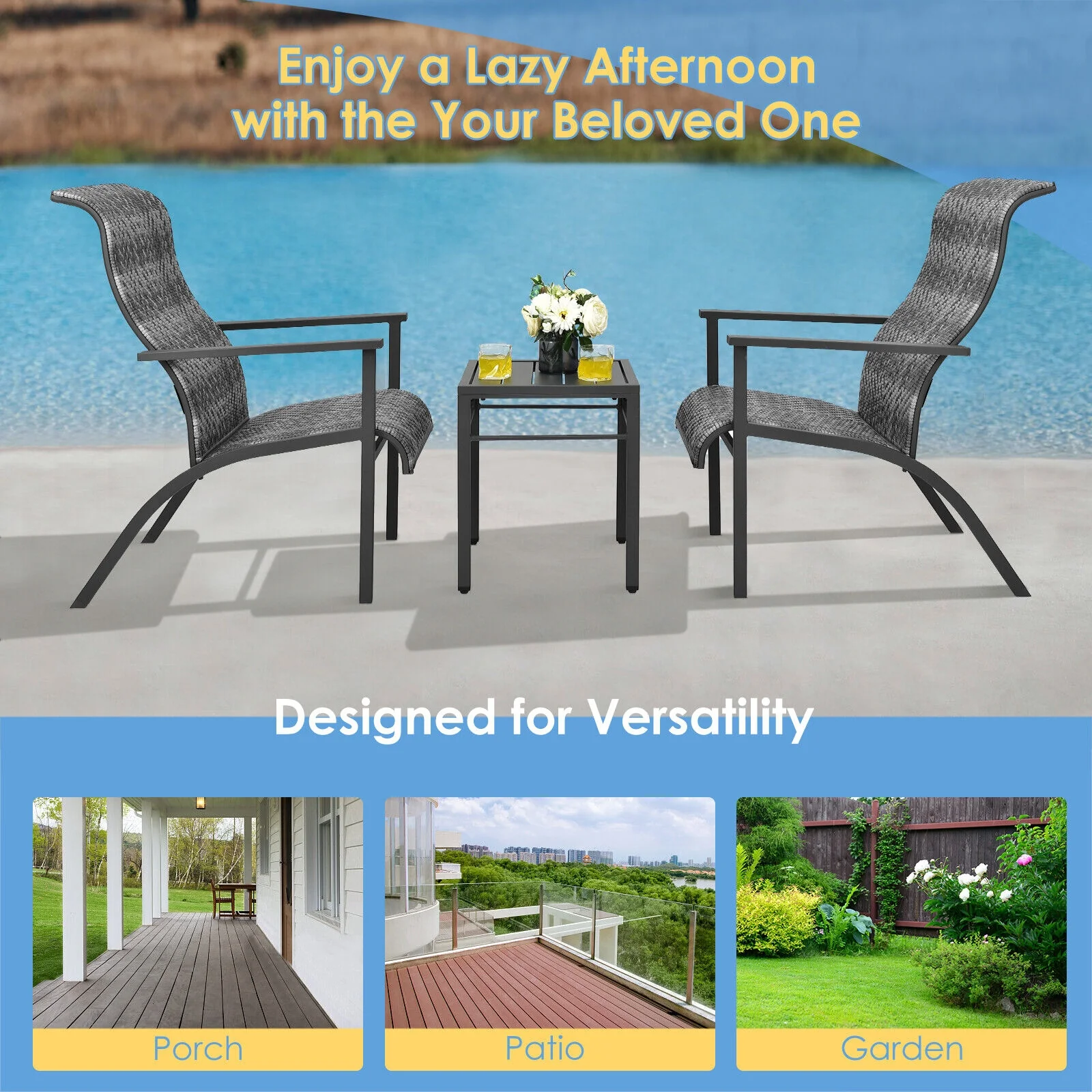 3 Piece Patio Rattan Bistro Set, High Backrest Armrest, Gray - Image 3
