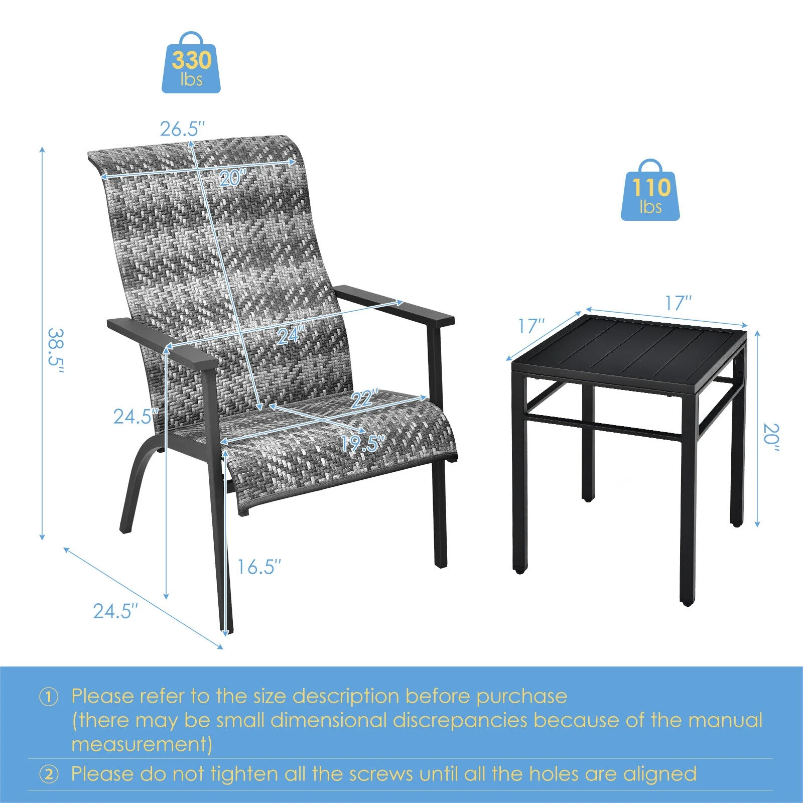 3 Piece Patio Rattan Bistro Set, High Backrest Armrest, Gray - Image 5