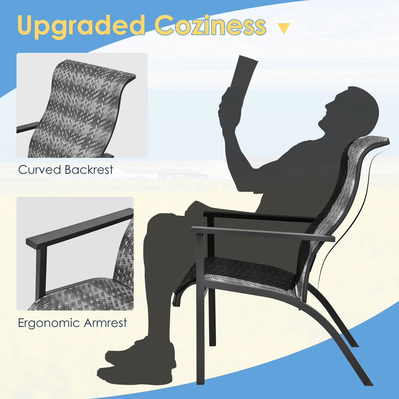3 Piece Patio Rattan Bistro Set, High Backrest Armrest, Gray - Image 6