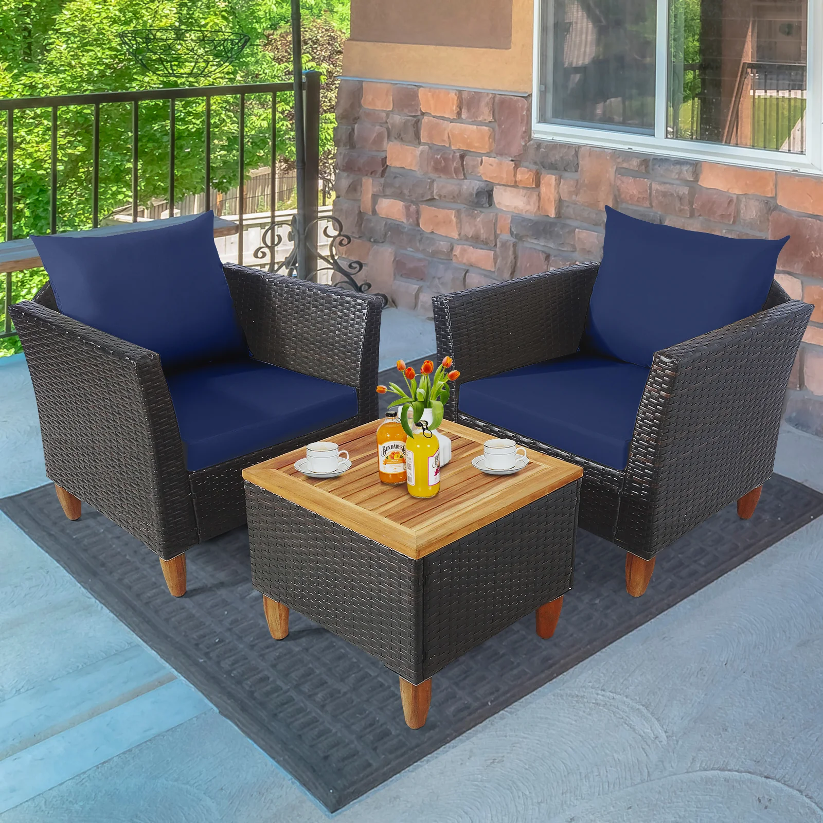 3 Piece Patio Rattan Bistro Set, Navy - Image 2
