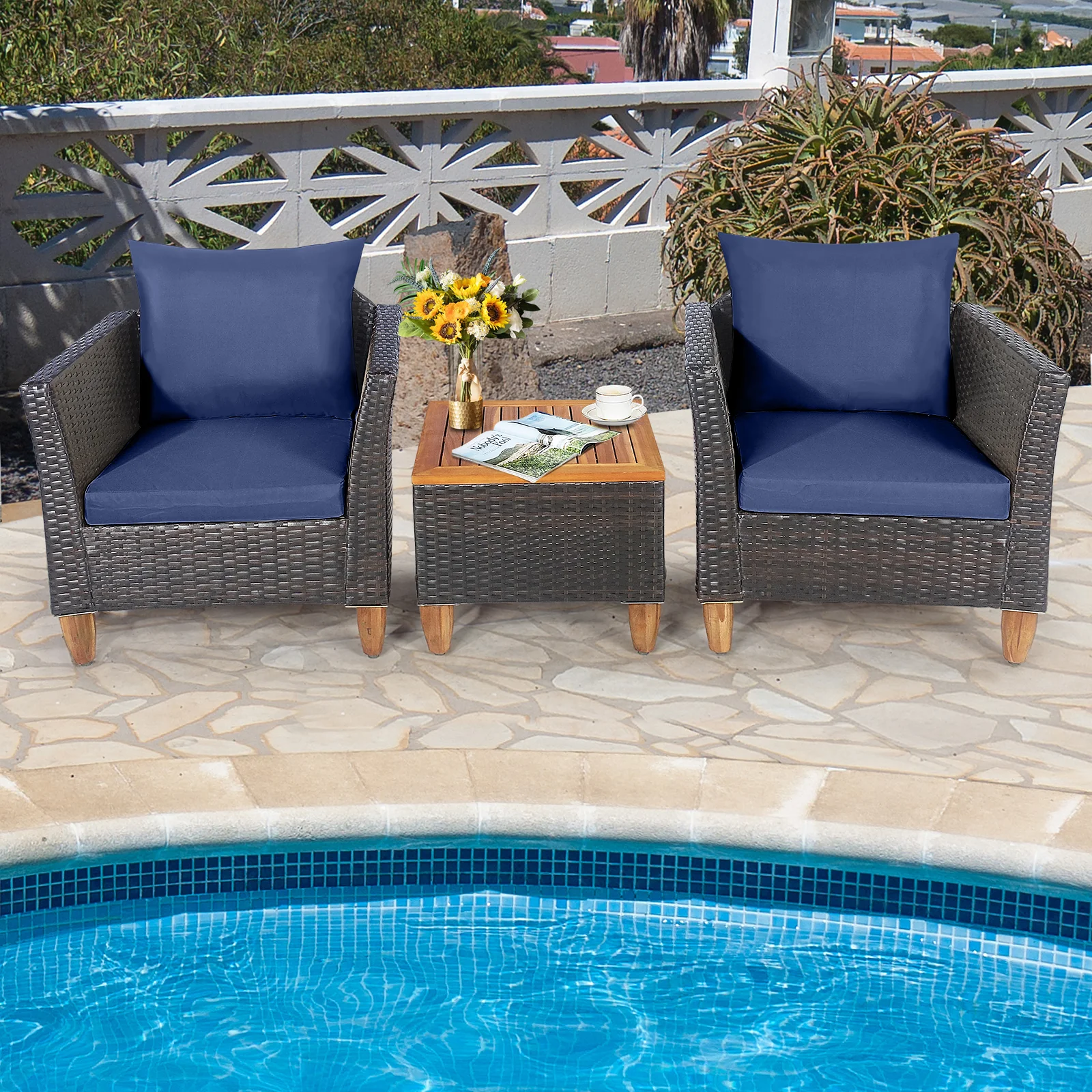 3 Piece Patio Rattan Bistro Set, Navy - Image 3