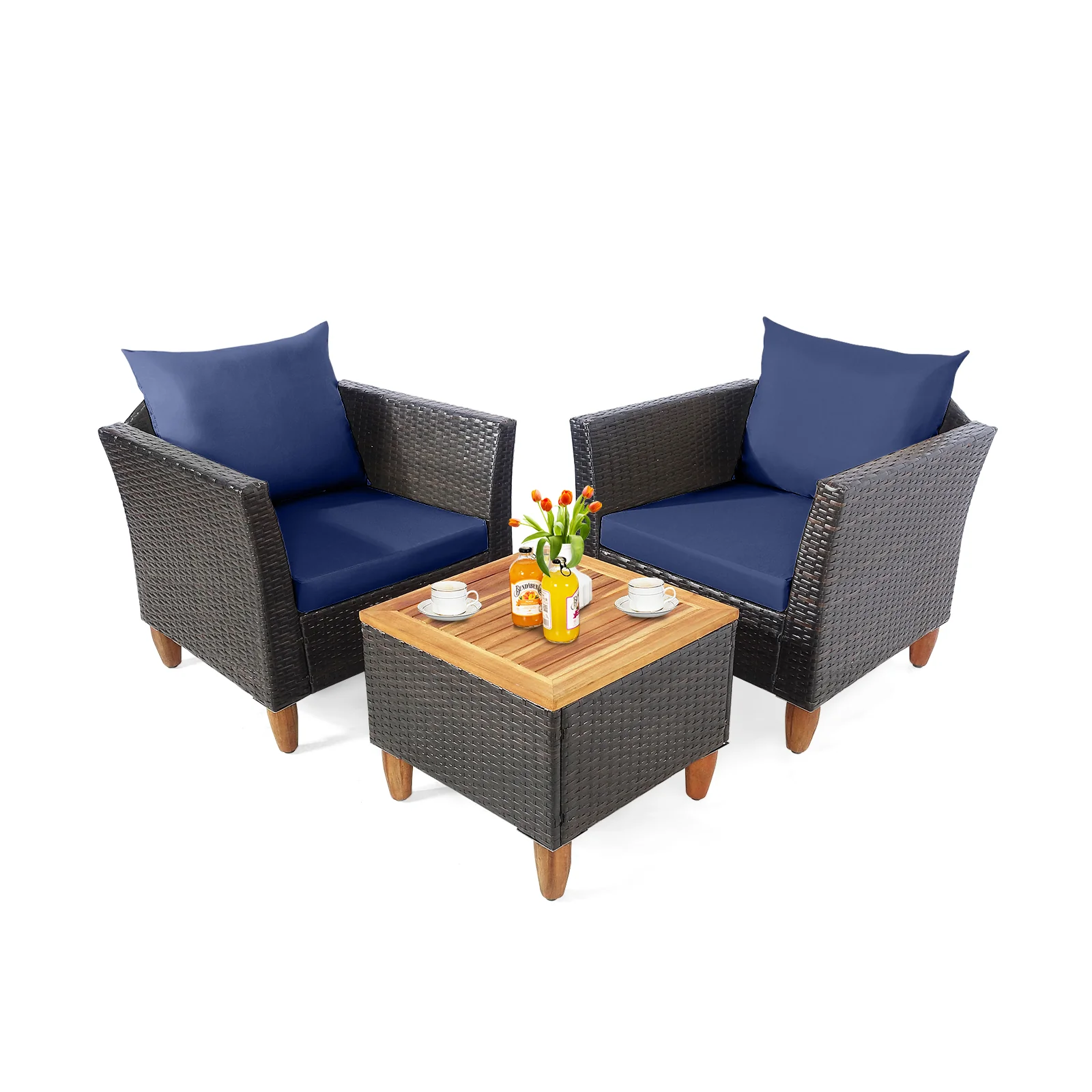 3 Piece Patio Rattan Bistro Set, Navy - Image 4