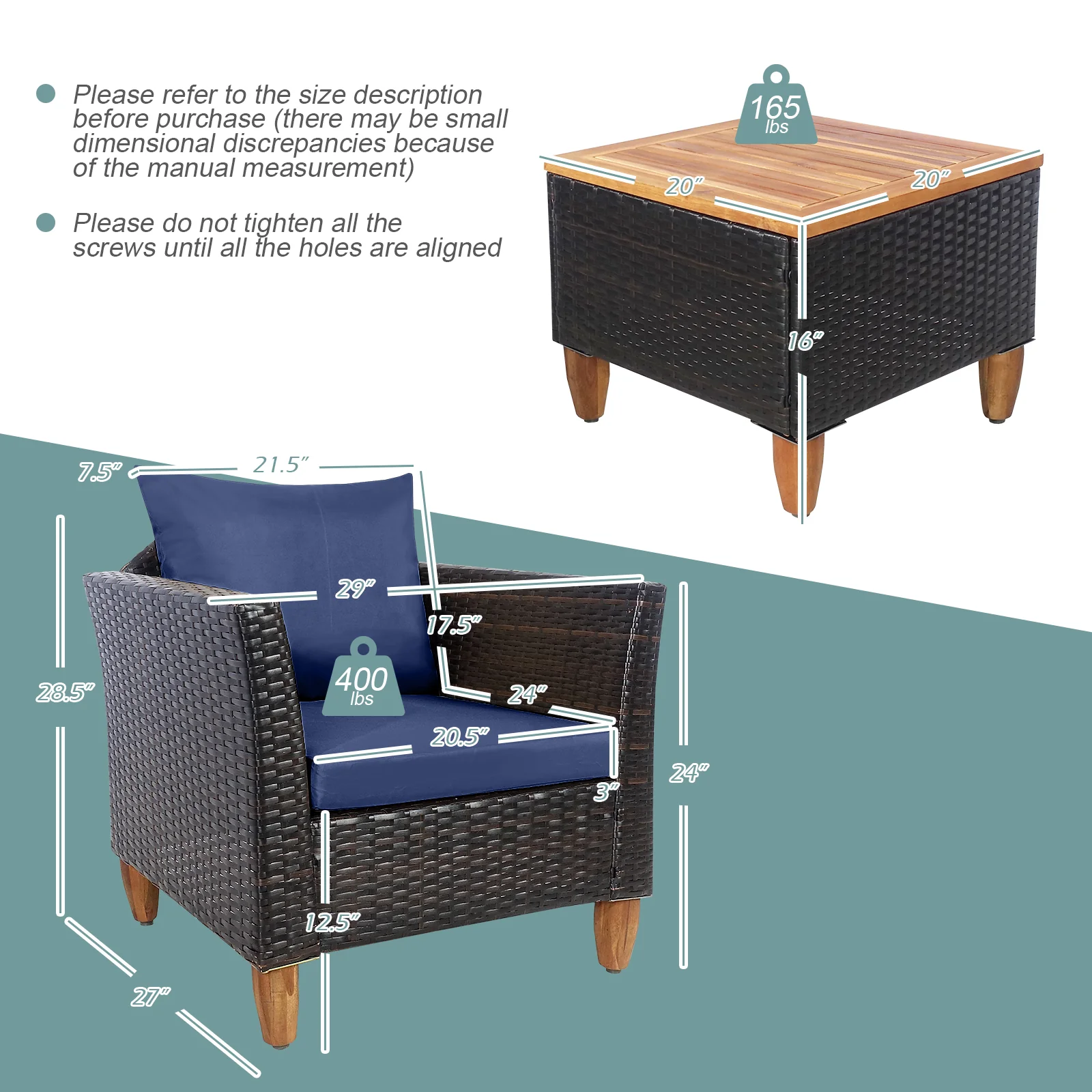 3 Piece Patio Rattan Bistro Set, Navy - Image 6
