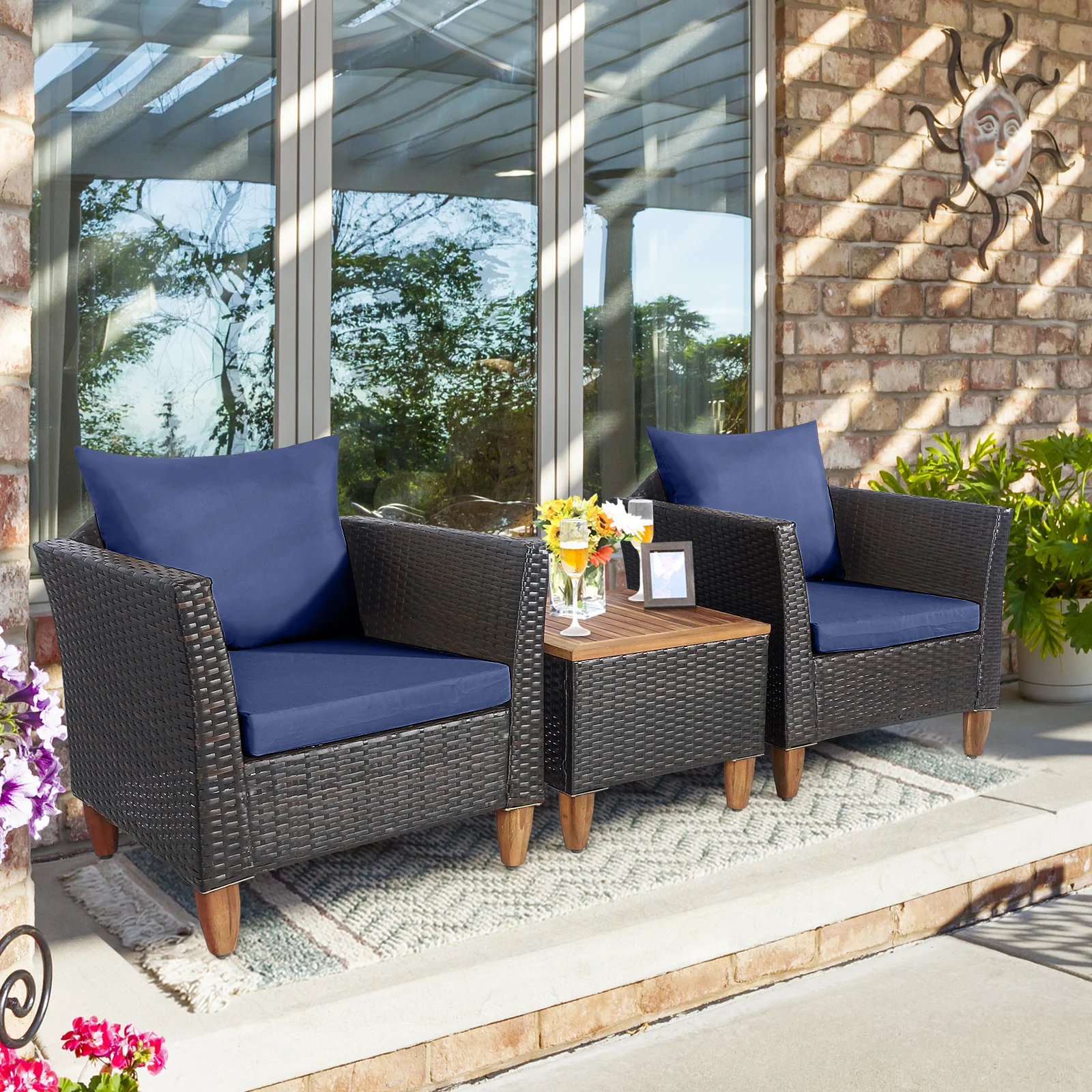 3 Piece Patio Rattan Bistro Set, Navy - Image 7