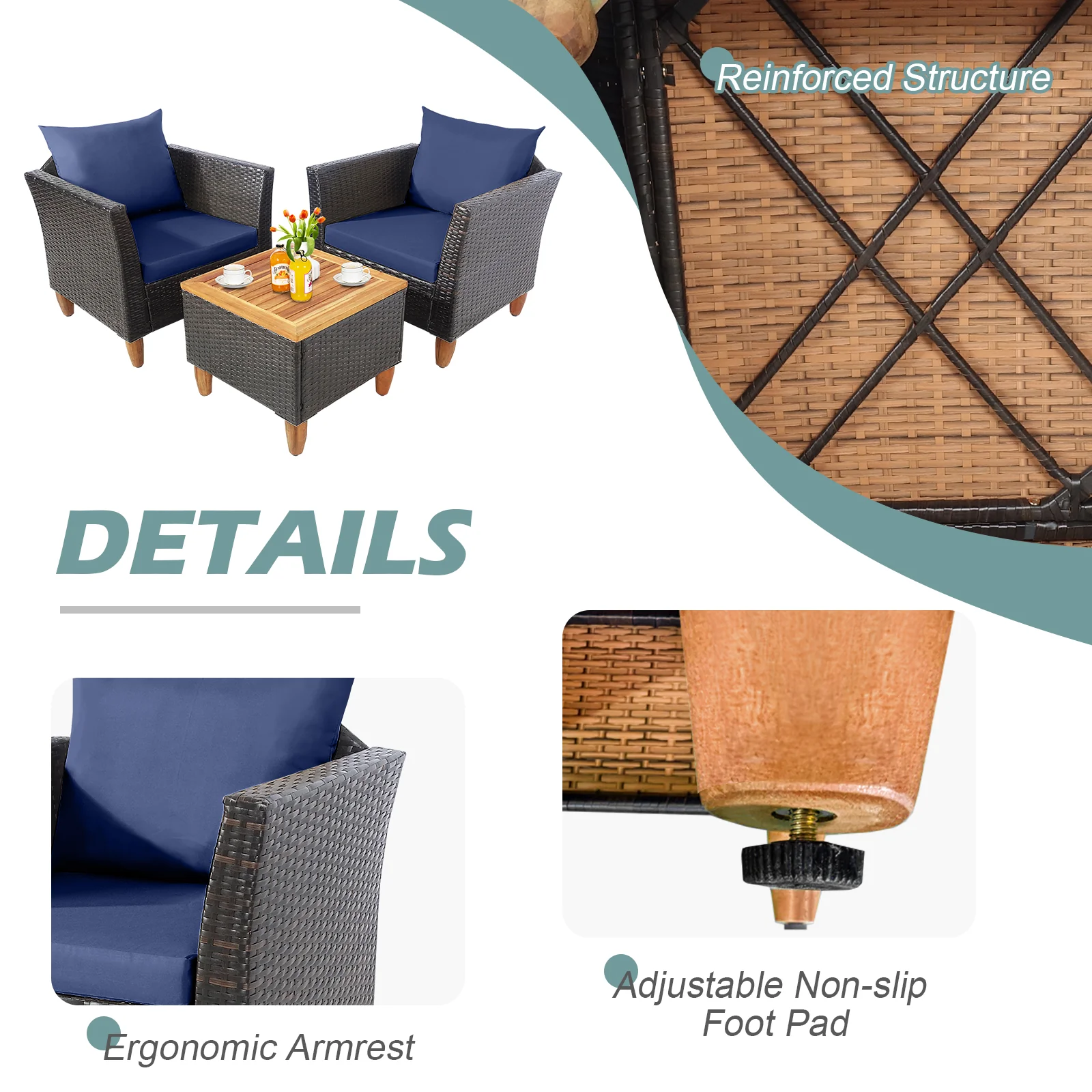 3 Piece Patio Rattan Bistro Set, Navy - Image 8