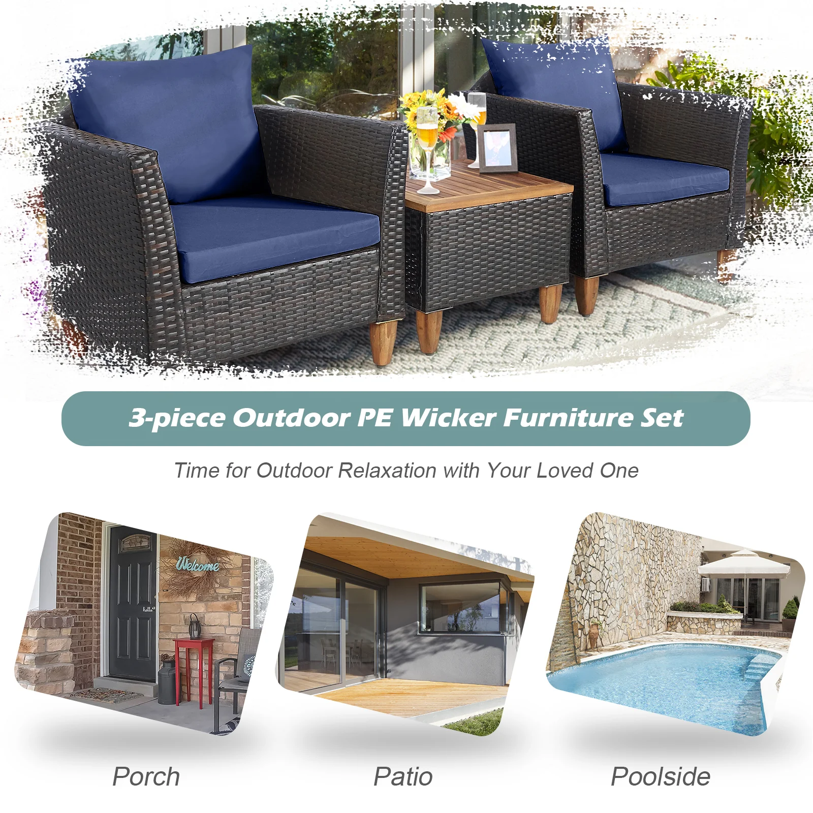 3 Piece Patio Rattan Bistro Set, Navy - Image 9