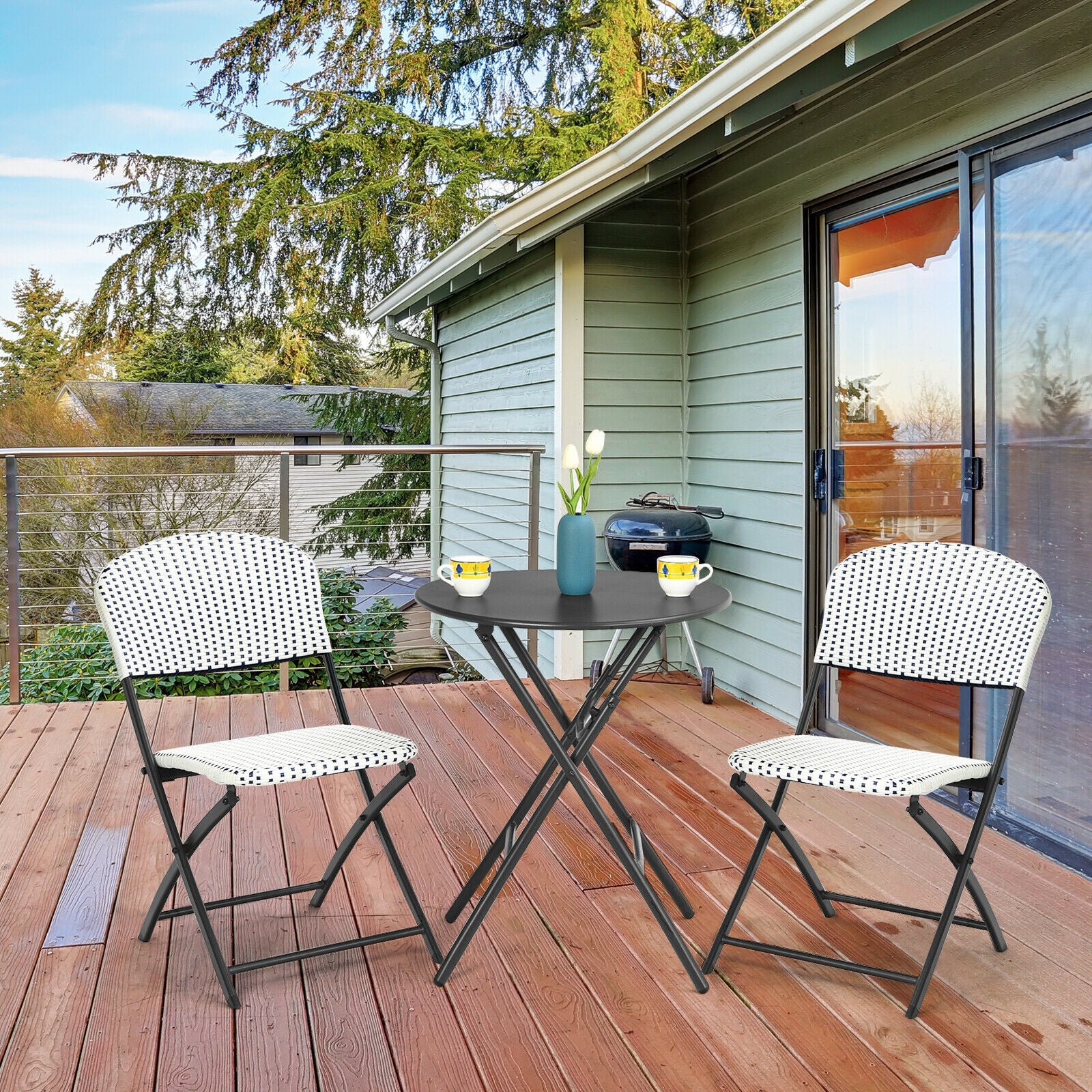 3 Piece Patio Rattan Bistro Set, Round Dining Table, 2 Chairs, White, Black - Image 2