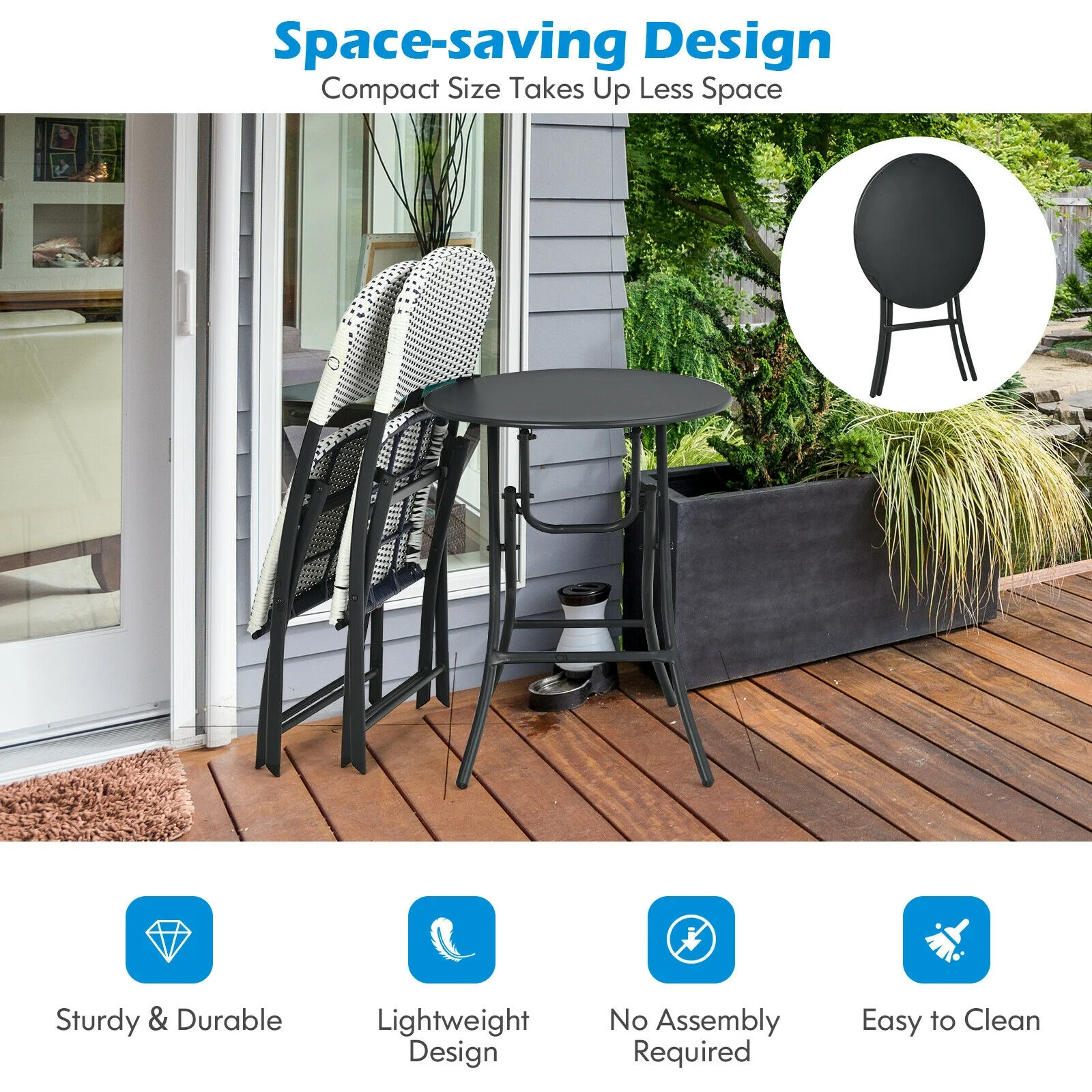 3 Piece Patio Rattan Bistro Set, Round Dining Table, 2 Chairs, White, Black - Image 3