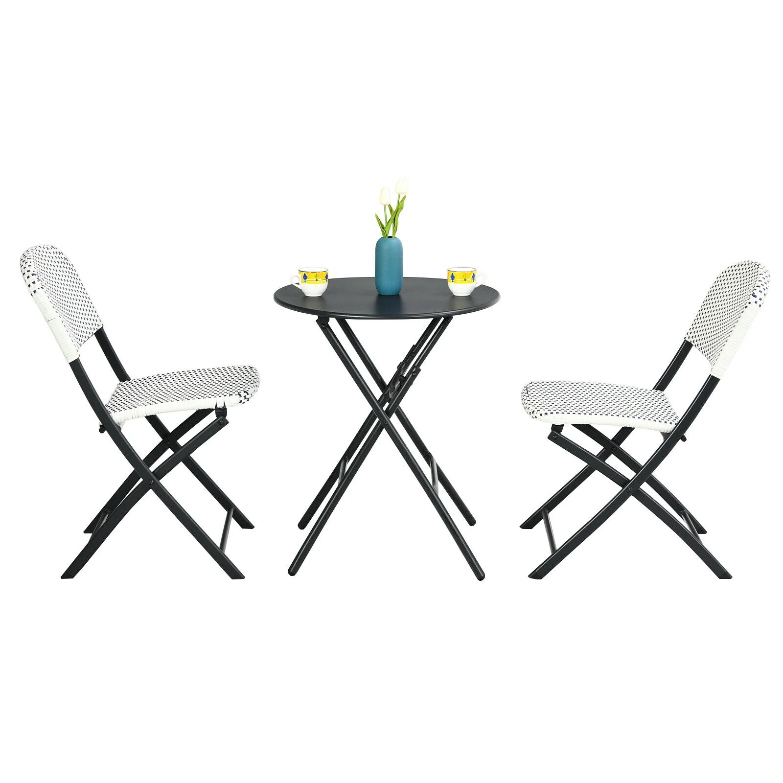 3 Piece Patio Rattan Bistro Set, Round Dining Table, 2 Chairs, White, Black - Image 9