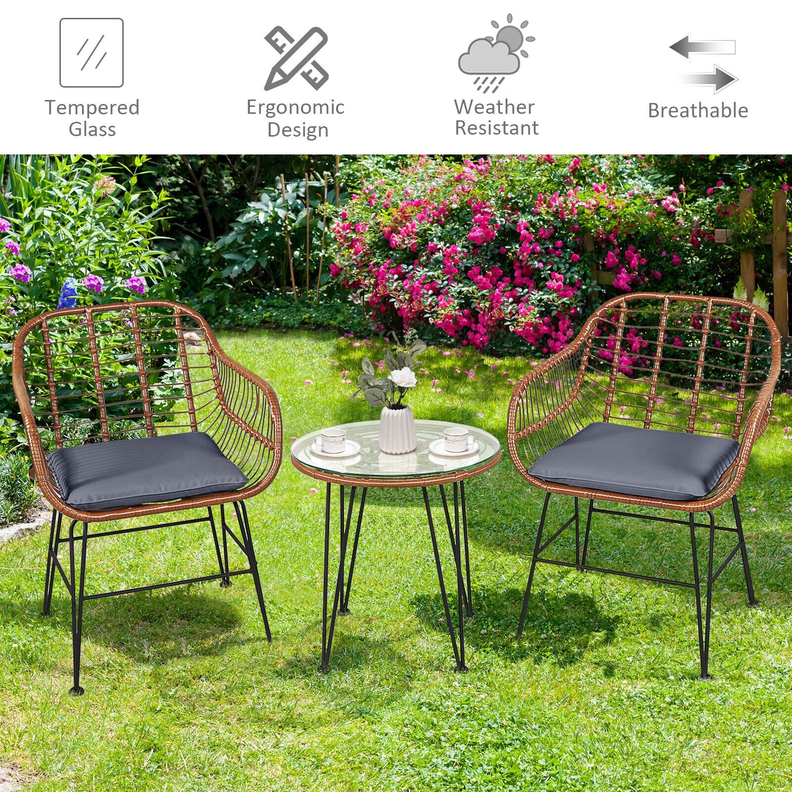 3 Piece Patio Rattan Bistro Set With Cushion, Gray - Image 10