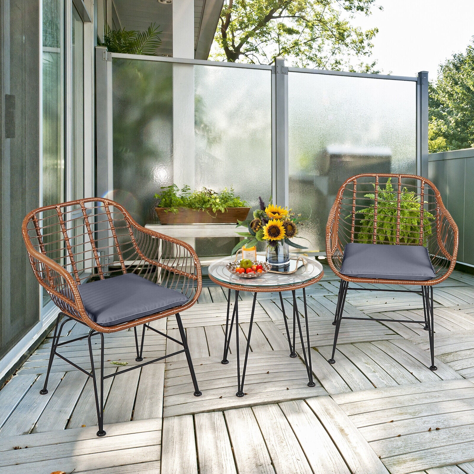 3 Piece Patio Rattan Bistro Set With Cushion, Gray - Image 2