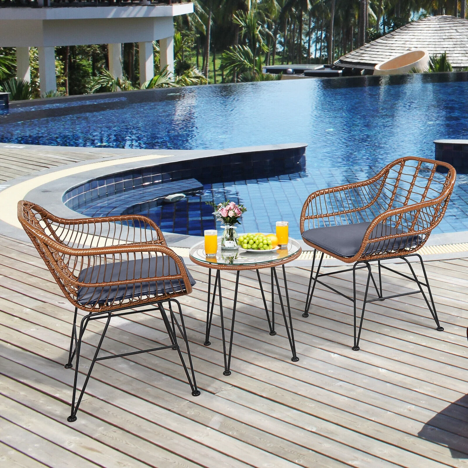 3 Piece Patio Rattan Bistro Set With Cushion, Gray - Image 3