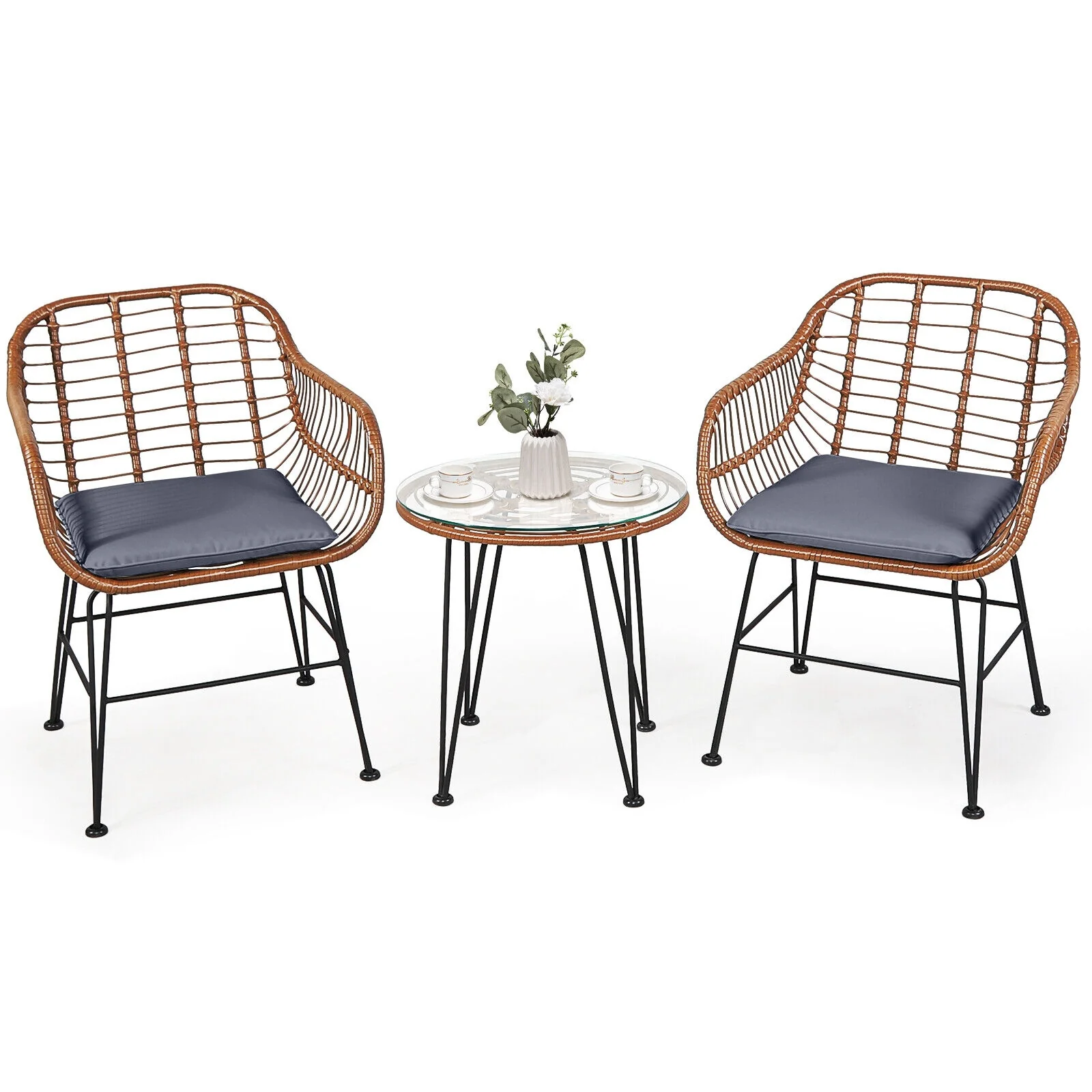 3 Piece Patio Rattan Bistro Set With Cushion, Gray - Image 4