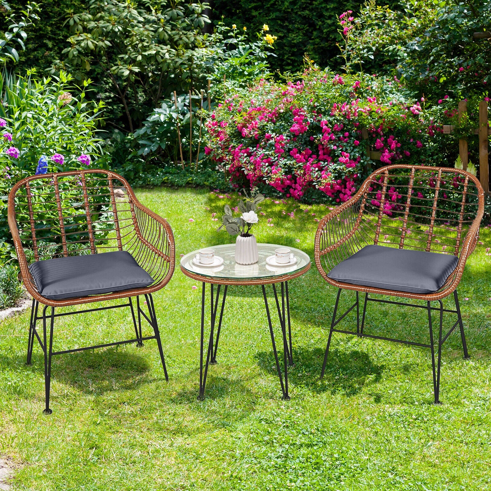 3 Piece Patio Rattan Bistro Set With Cushion, Gray - Image 7