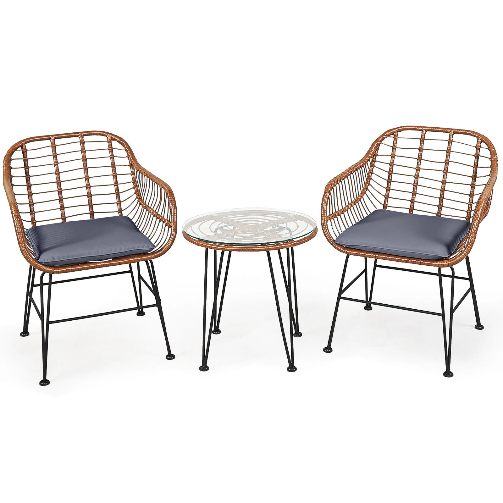 3 Piece Patio Rattan Bistro Set With Cushion, Gray - Image 9
