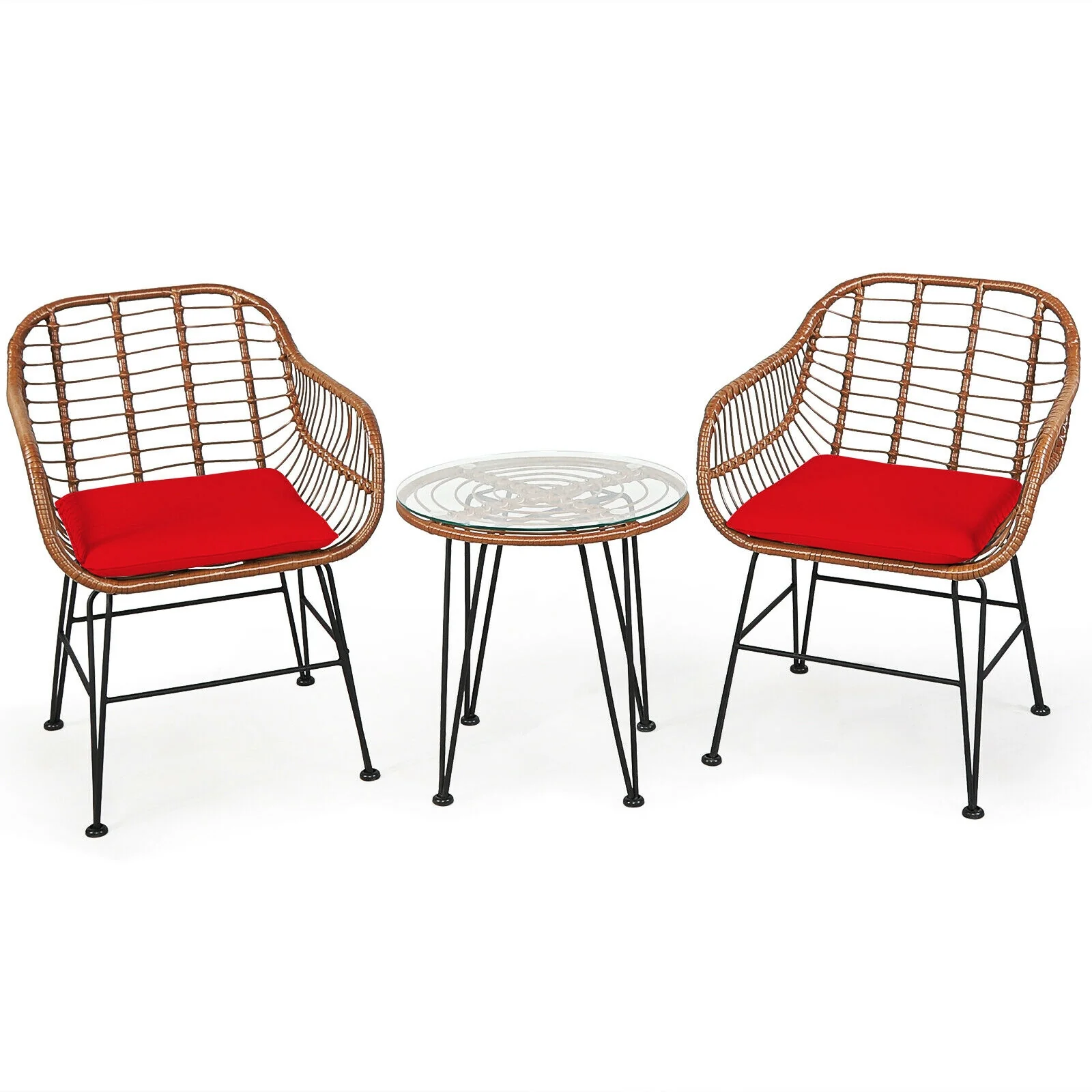 3 Piece Patio Rattan Bistro Set With Cushion, Red - Image 10