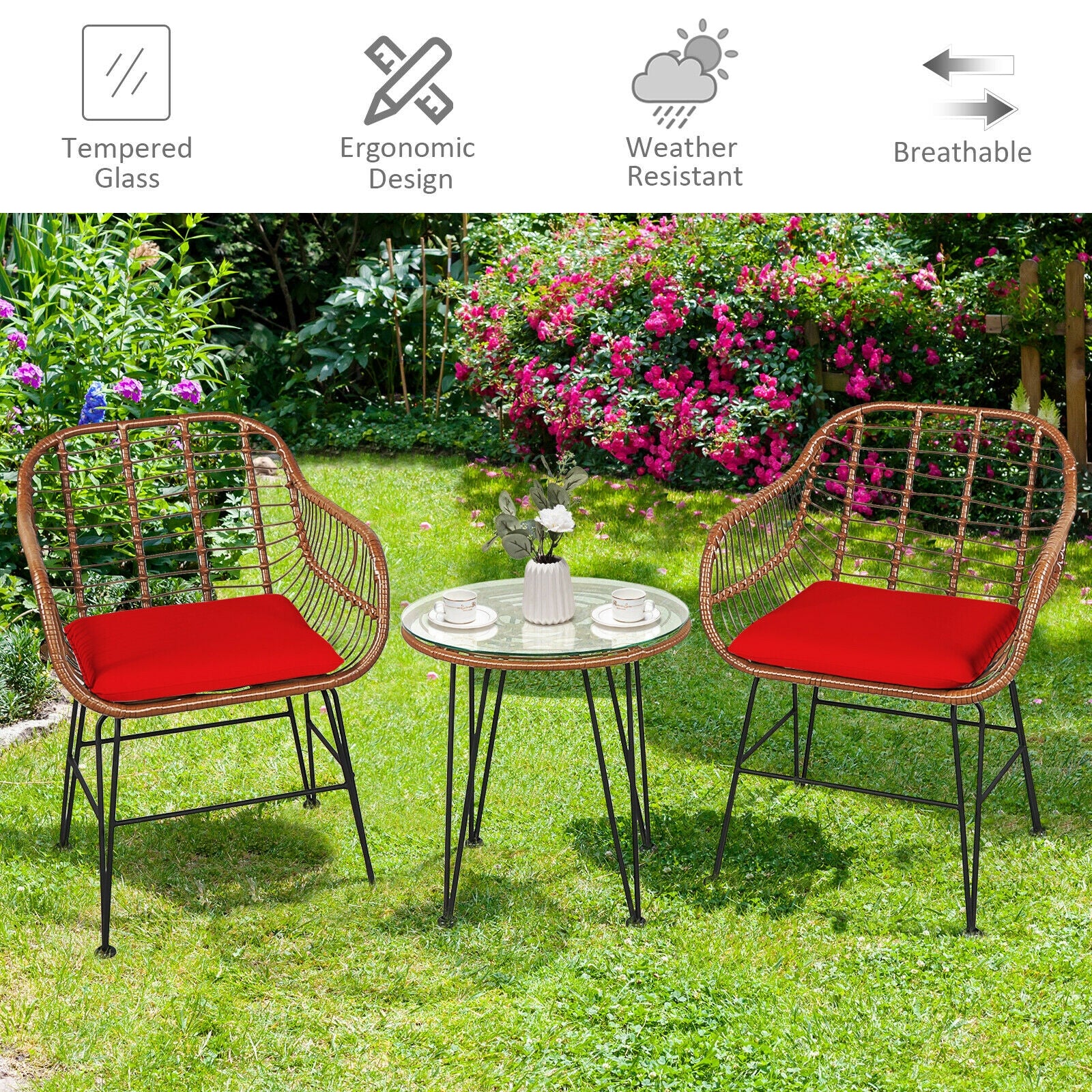 3 Piece Patio Rattan Bistro Set With Cushion, Red - Image 3