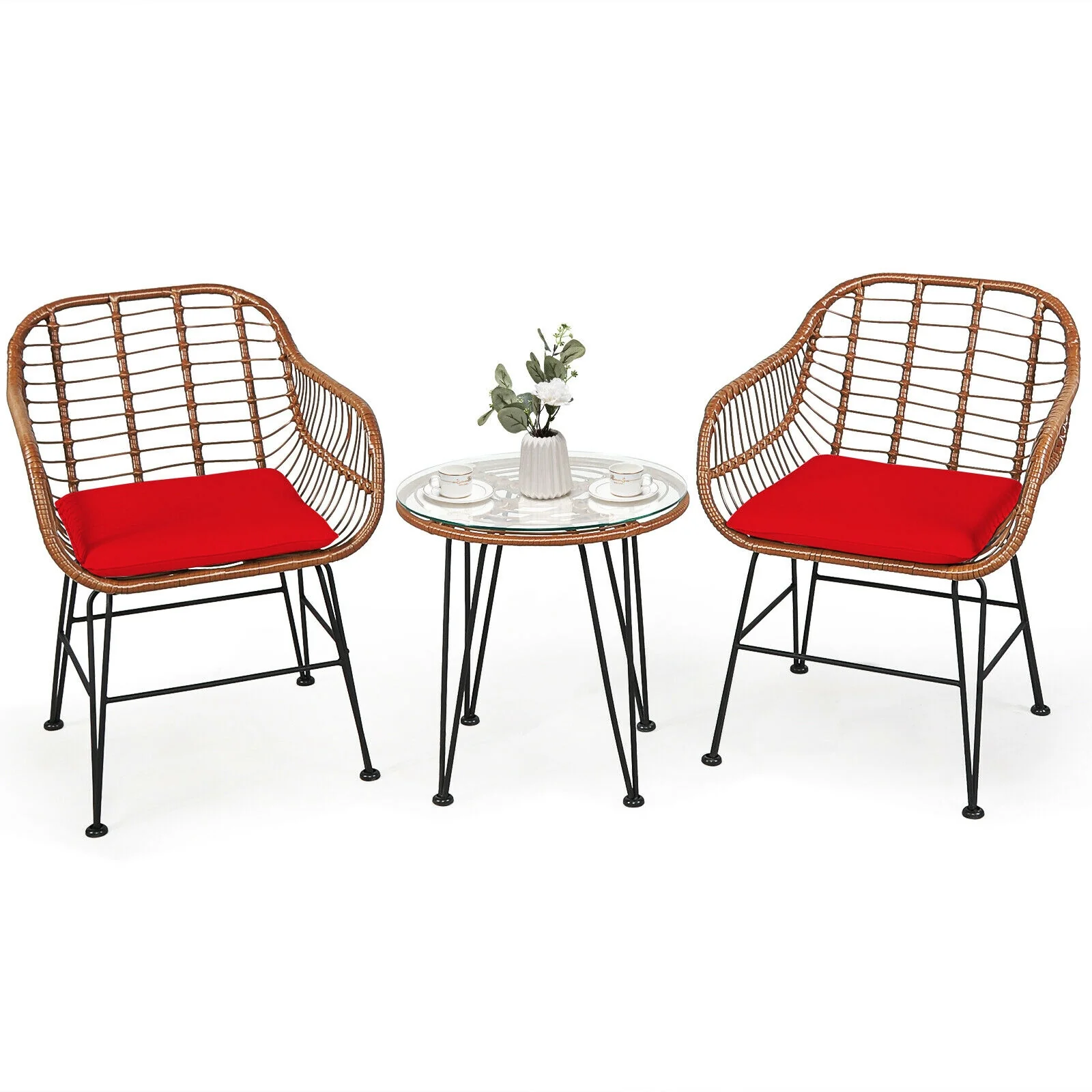 3 Piece Patio Rattan Bistro Set With Cushion, Red - Image 4