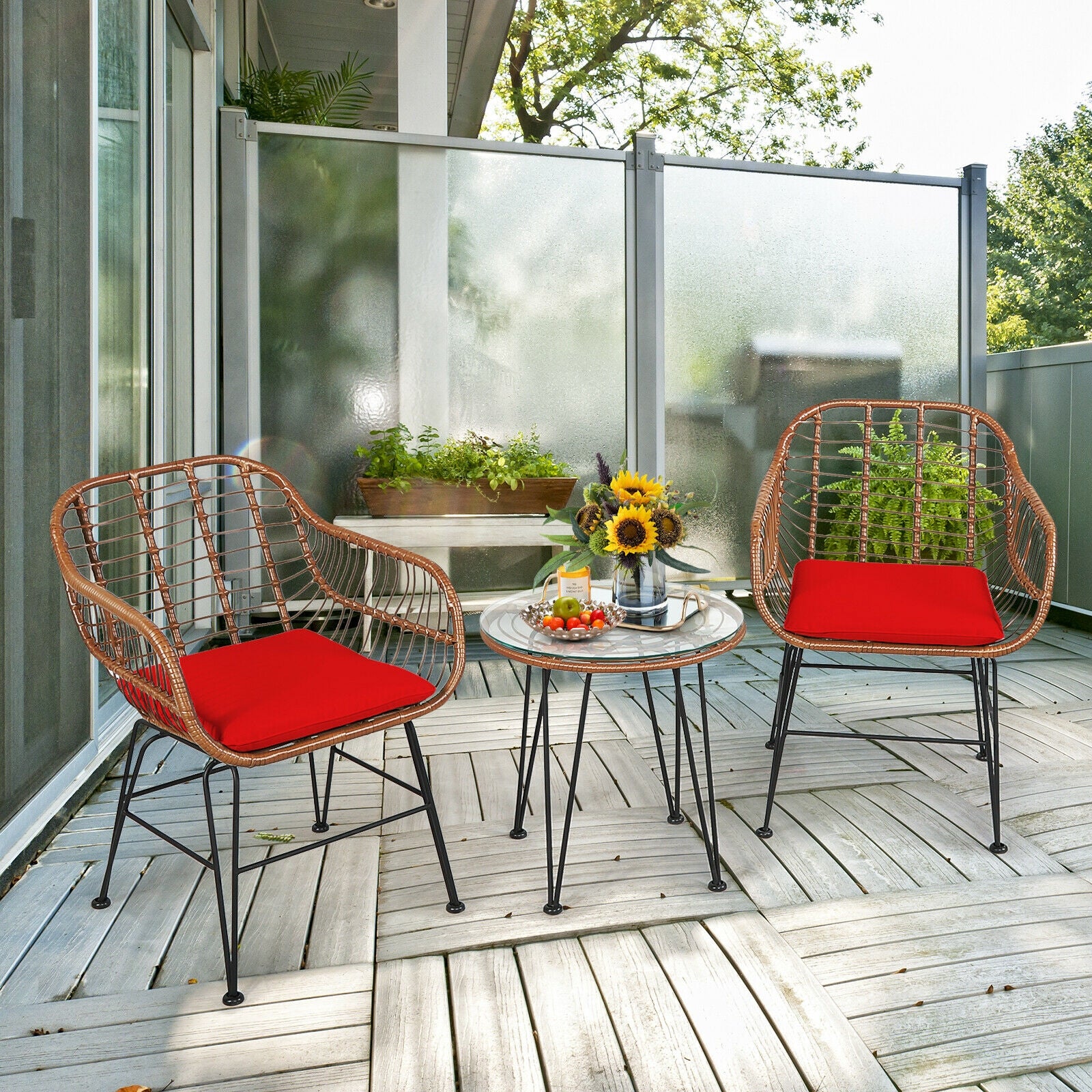 3 Piece Patio Rattan Bistro Set With Cushion, Red - Image 8