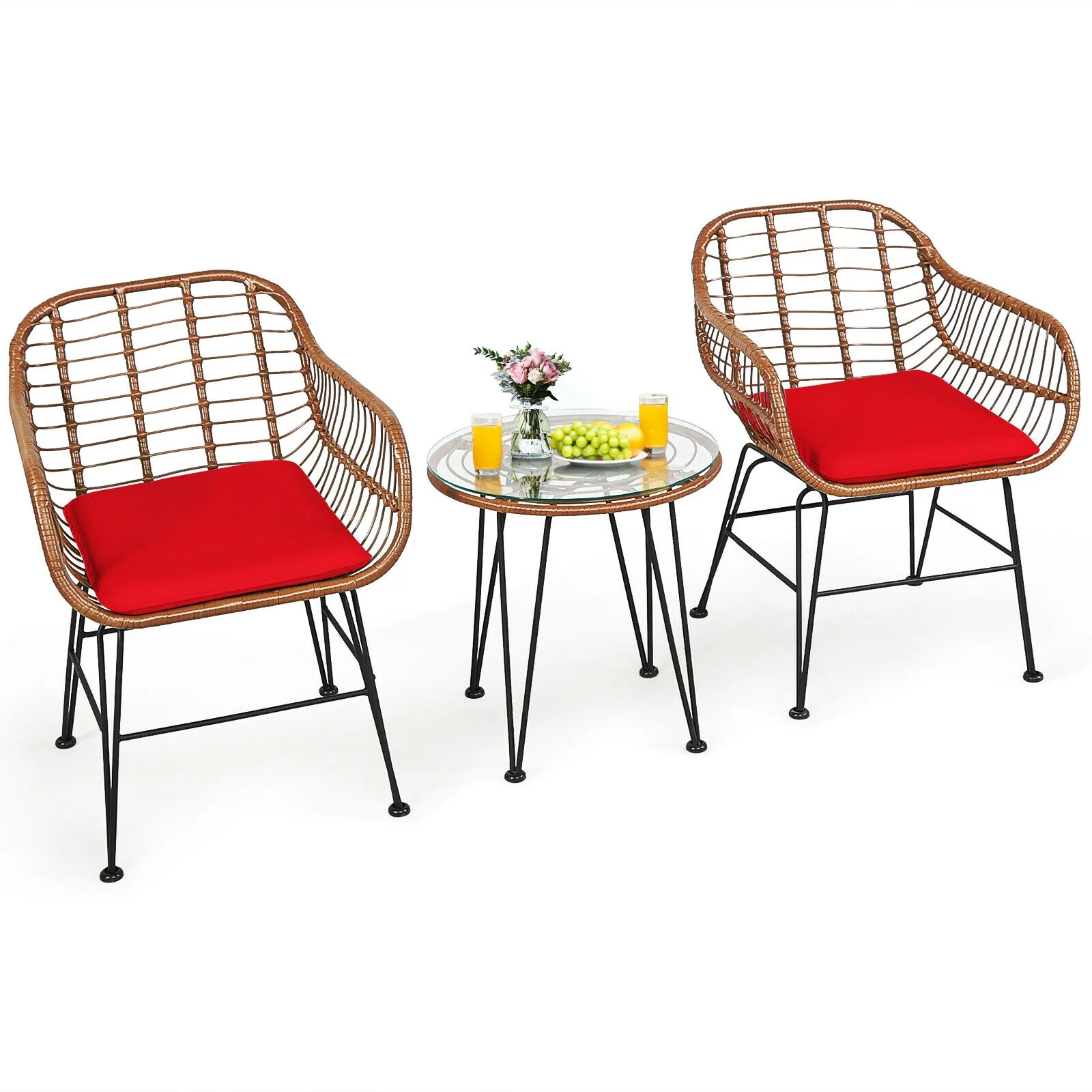 3 Piece Patio Rattan Bistro Set With Cushion, Red - Image 9