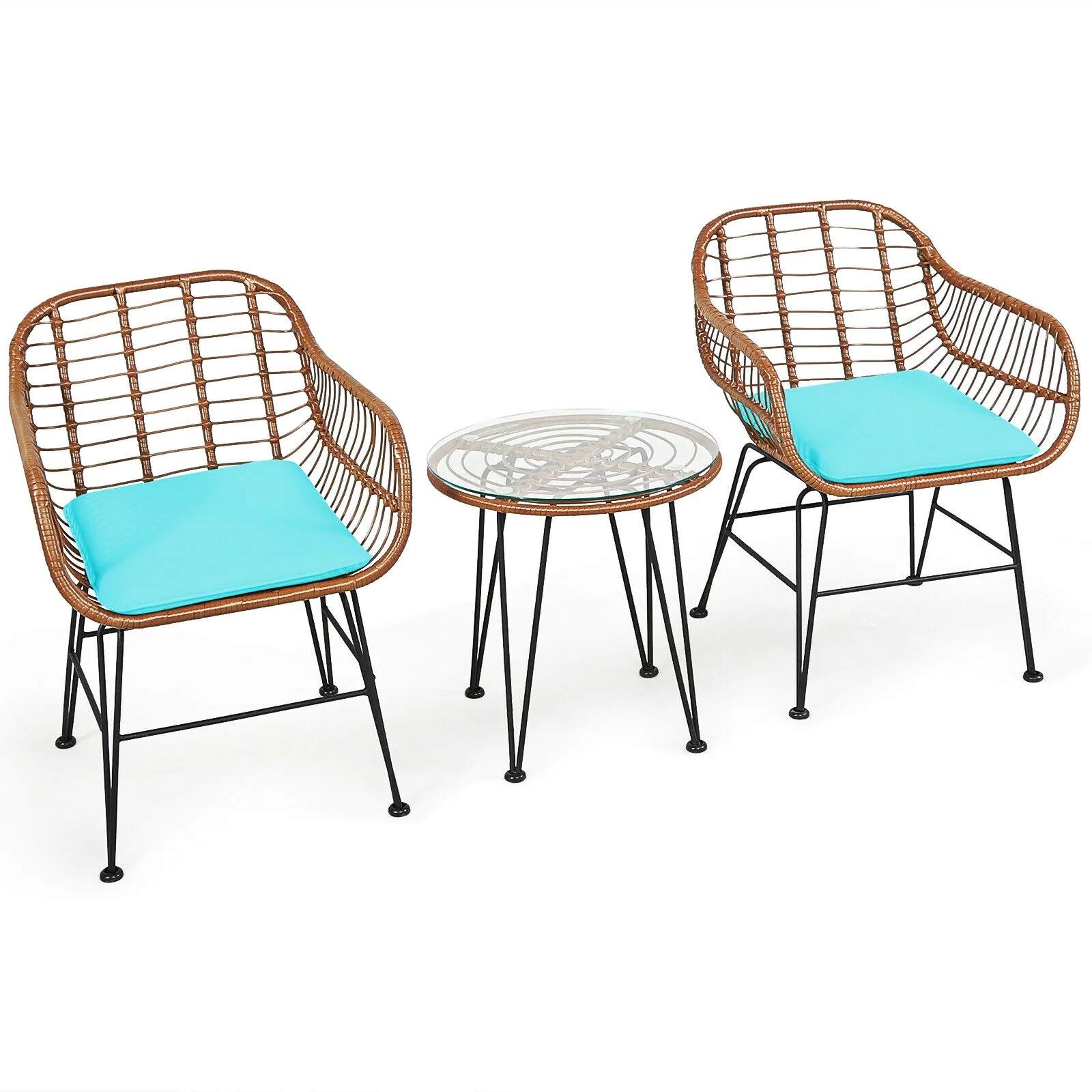 3 Piece Patio Rattan Bistro Set With Cushion, Turquoise - Image 10
