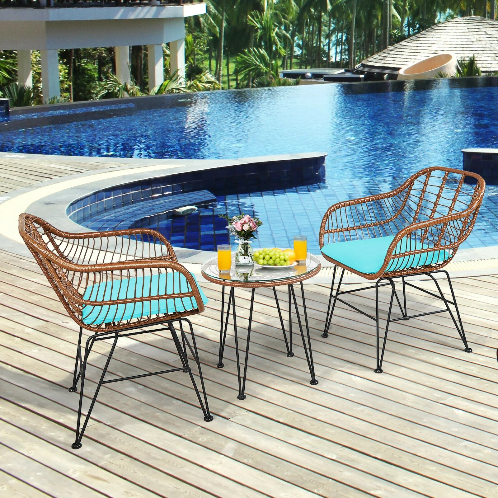 3 Piece Patio Rattan Bistro Set With Cushion, Turquoise - Image 2