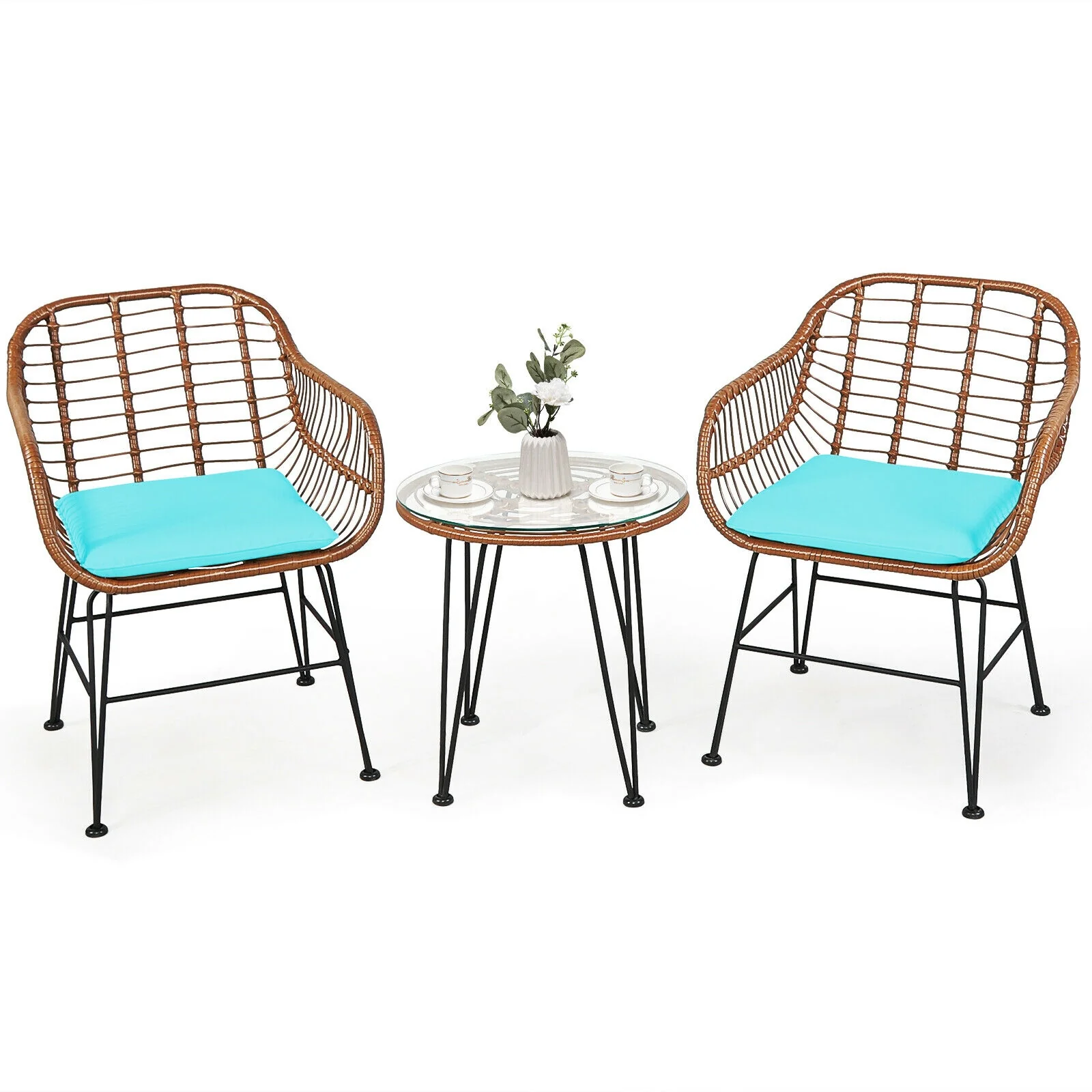 3 Piece Patio Rattan Bistro Set With Cushion, Turquoise - Image 4