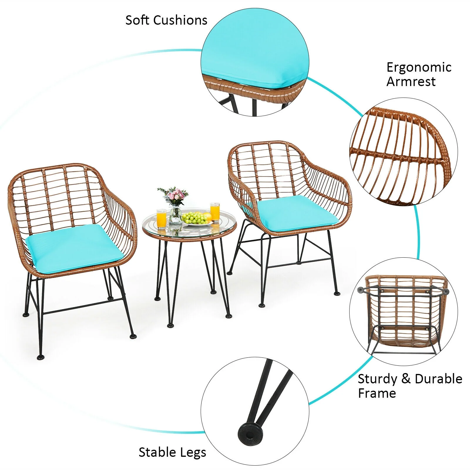 3 Piece Patio Rattan Bistro Set With Cushion, Turquoise - Image 6