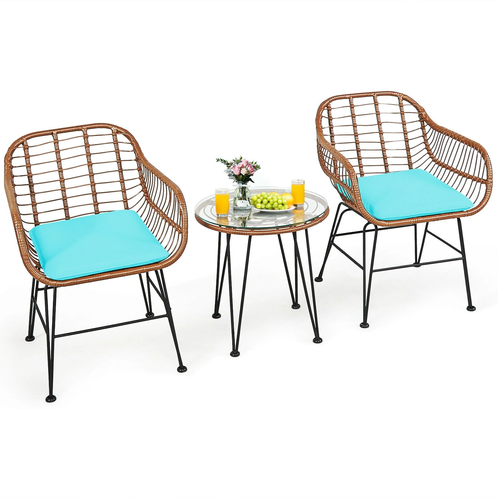 3 Piece Patio Rattan Bistro Set With Cushion, Turquoise - Image 9
