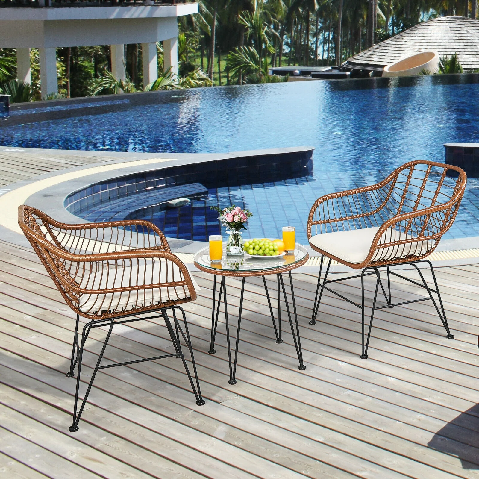 3 Piece Patio Rattan Bistro Set With Cushion, White - Image 2
