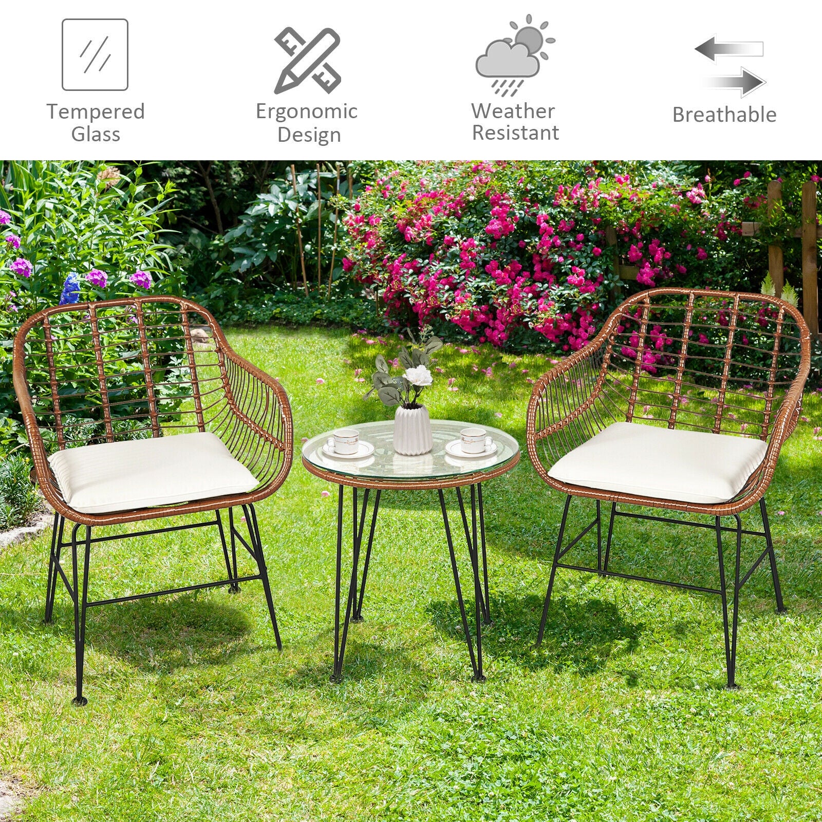 3 Piece Patio Rattan Bistro Set With Cushion, White - Image 7