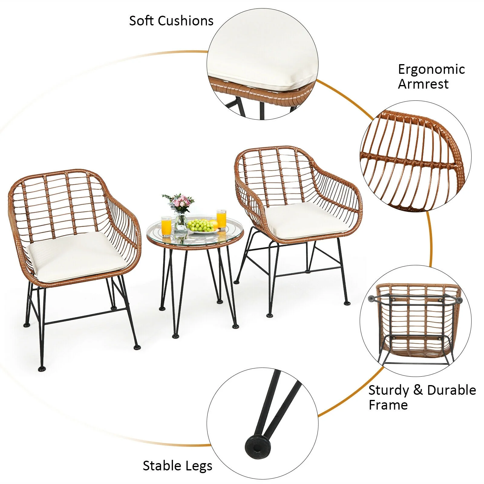 3 Piece Patio Rattan Bistro Set With Cushion, White - Image 8